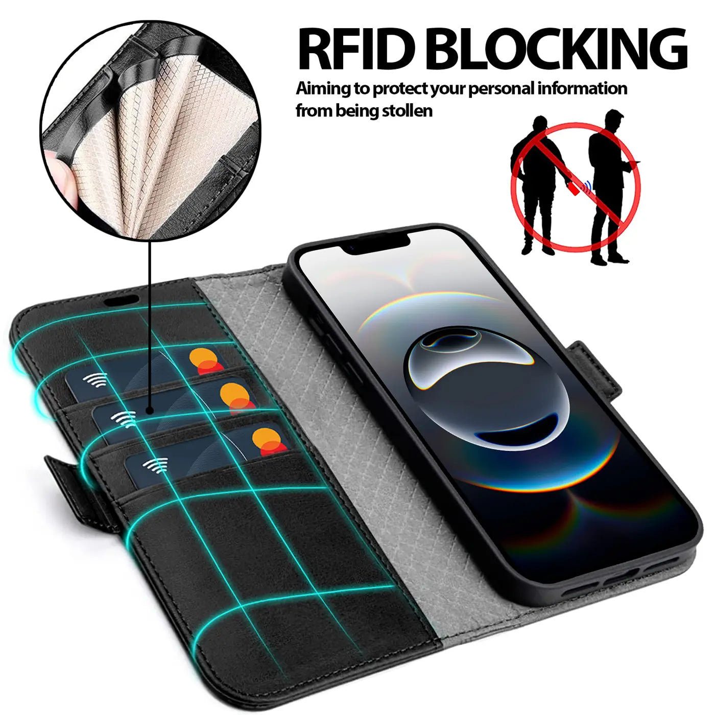 Schwarze Leder-Klapphülle mit Kartenfächern für iPhone, von vorne schräg gezeigt.