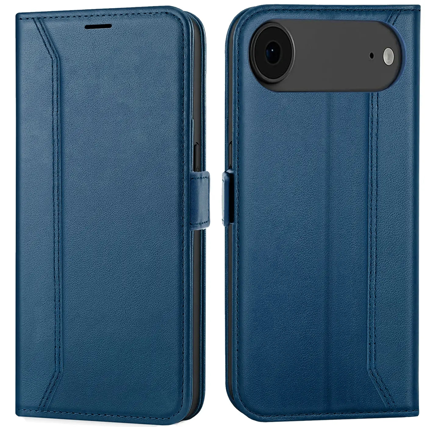 Blaue Leder-Klapphülle, Vorder- und Rückansicht, mit Kameramodul eines Smartphones.