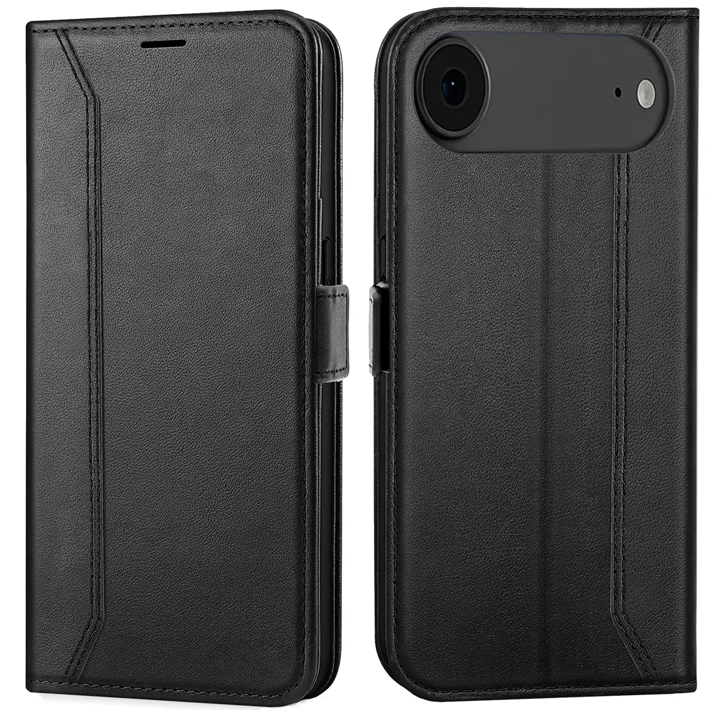 Schwarze Leder-Klapphülle, Vorder- und Rückansicht, für iPhone 17 Air