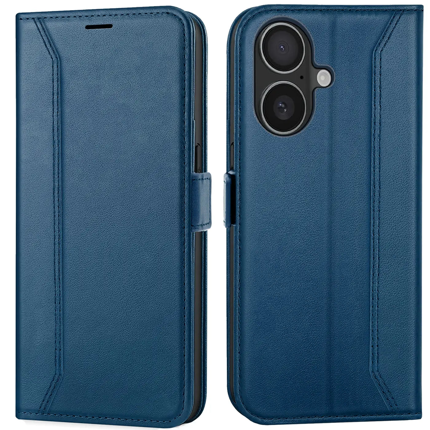 Blaue Leder-Klapphülle, Vorder- und Rückansicht, mit Kamera-Aussparung für Smartphone.