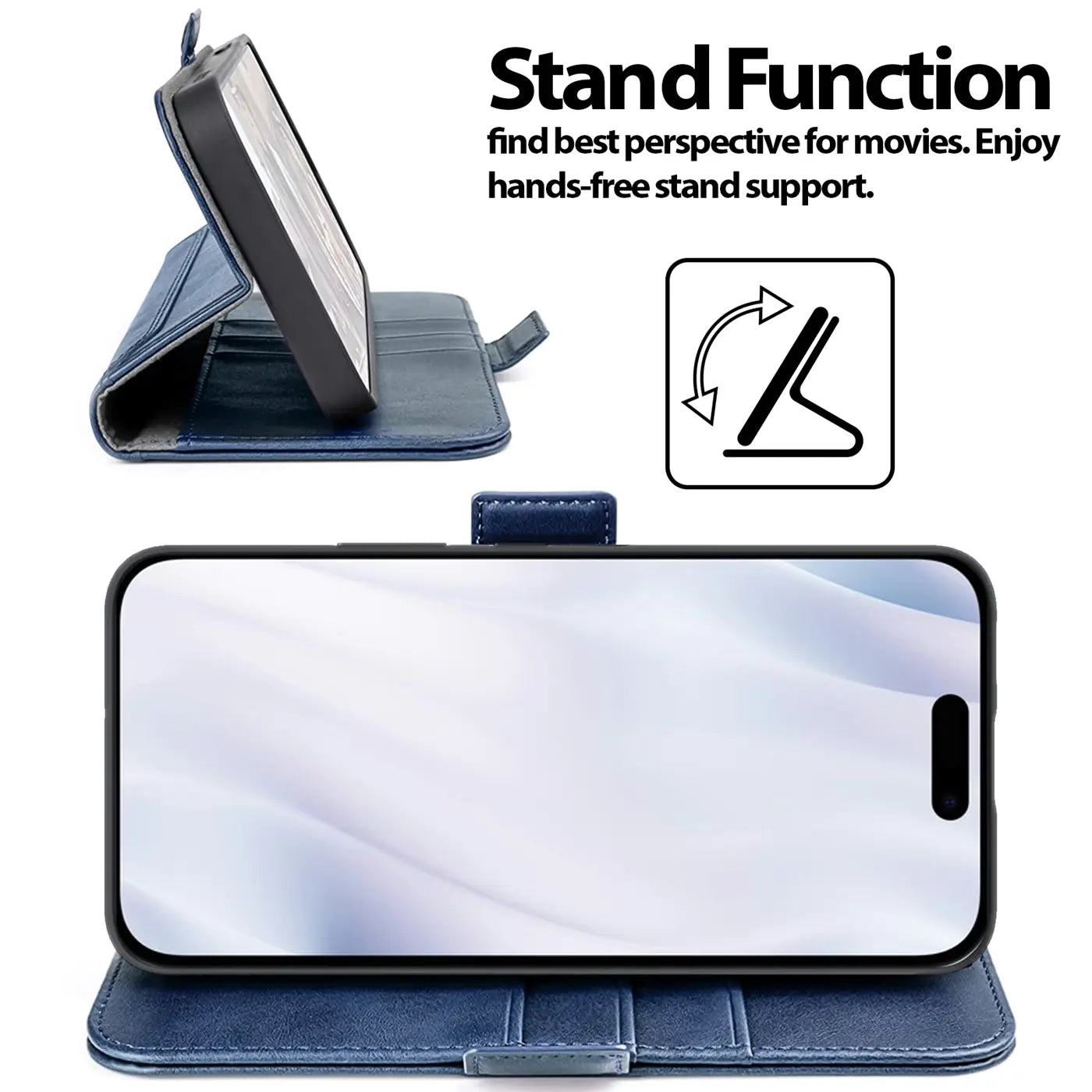 Blaue Leder-Klapphülle mit integriertem Ständer für ein Smartphone, Seitenansicht und Frontalansicht.