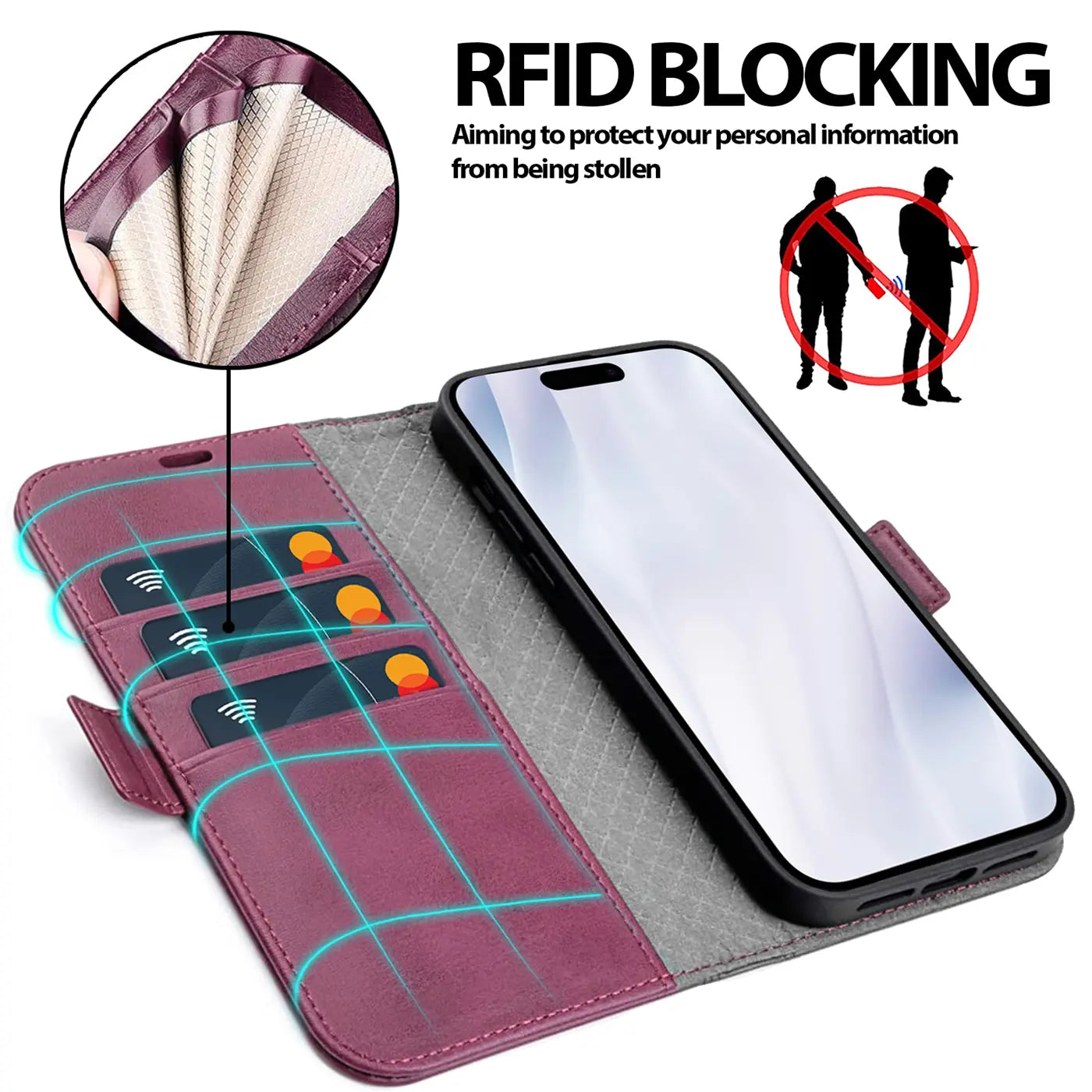 Lila Leder-Klapphülle mit Kartenfächern und iPhone 17, von oben betrachtet.