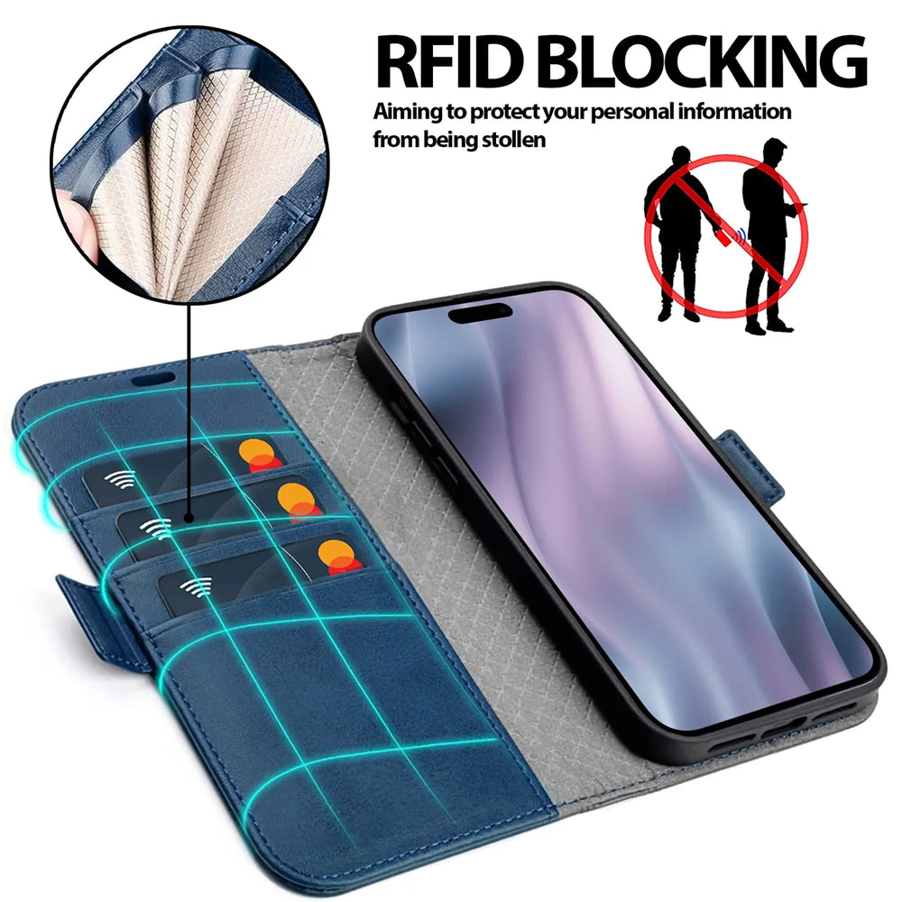 Apple iPhone 17 Pro Klapphülle im Lederlook mit RFID Block in Blau