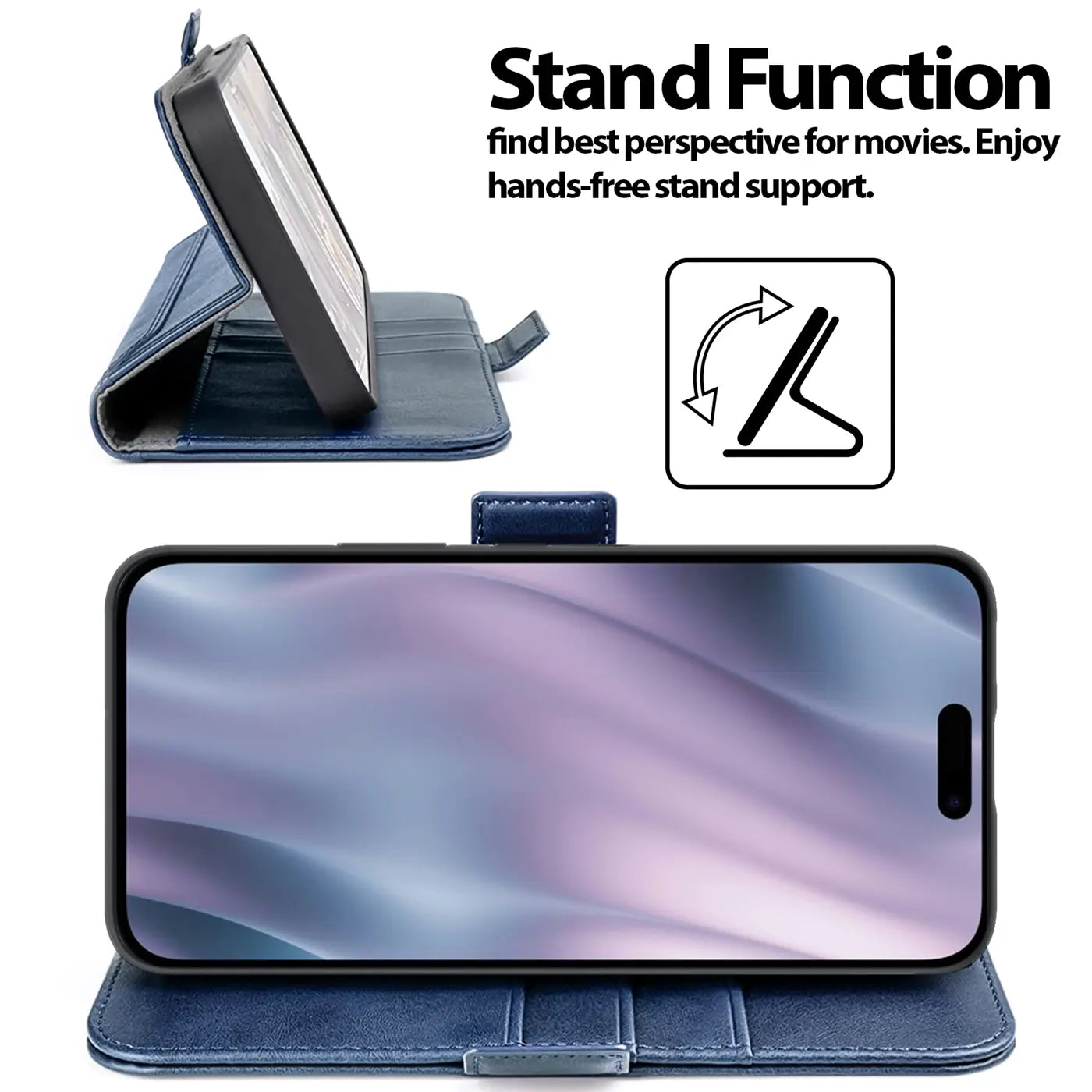 Blaue Leder-Klapphülle mit Ständerfunktion für iPhone 17 Pro Max, Seitenansicht und Frontalansicht.