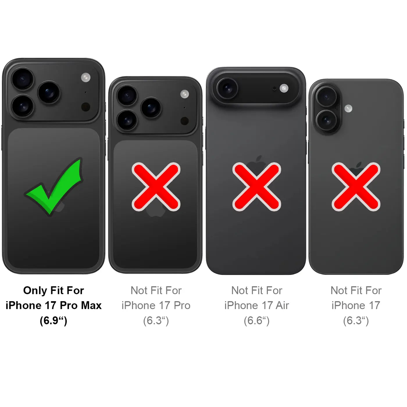 Schwarze Handyhüllen, Rückansicht, mit grüner Häkchen/roten Kreuzen. Passend für iPhone 17 Pro Max.