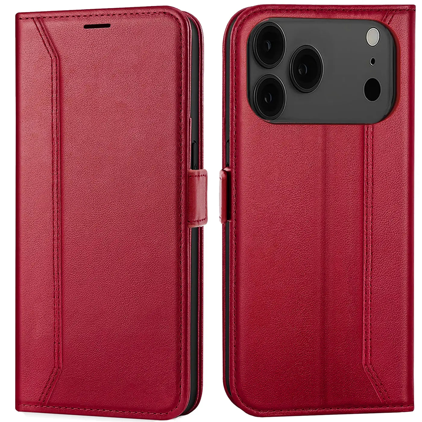 Rote Leder-Klapphülle, Vorder- und Rückansicht, zeigt iPhone 17 Pro Max Kamera.
