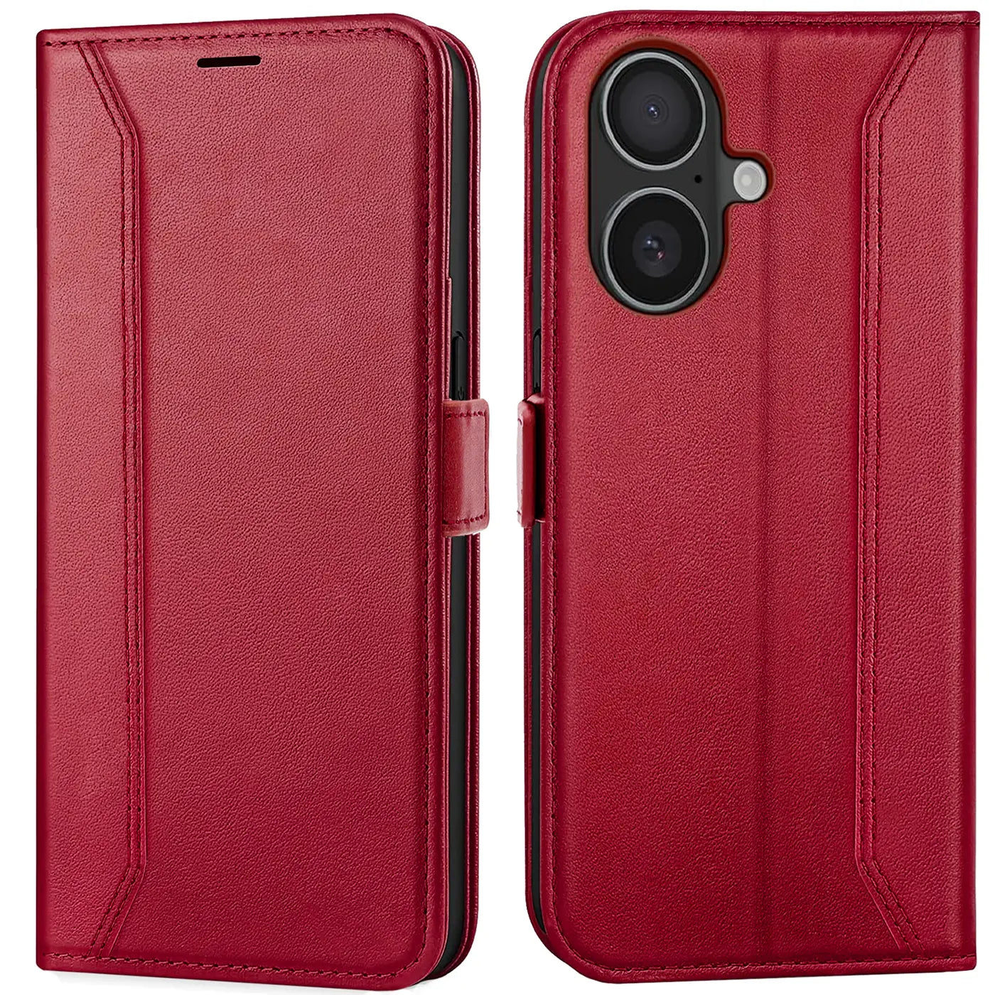 Rote Leder-Klapphülle, Vorder- und Rückansicht, mit Kameraöffnung für iPhone 17.
