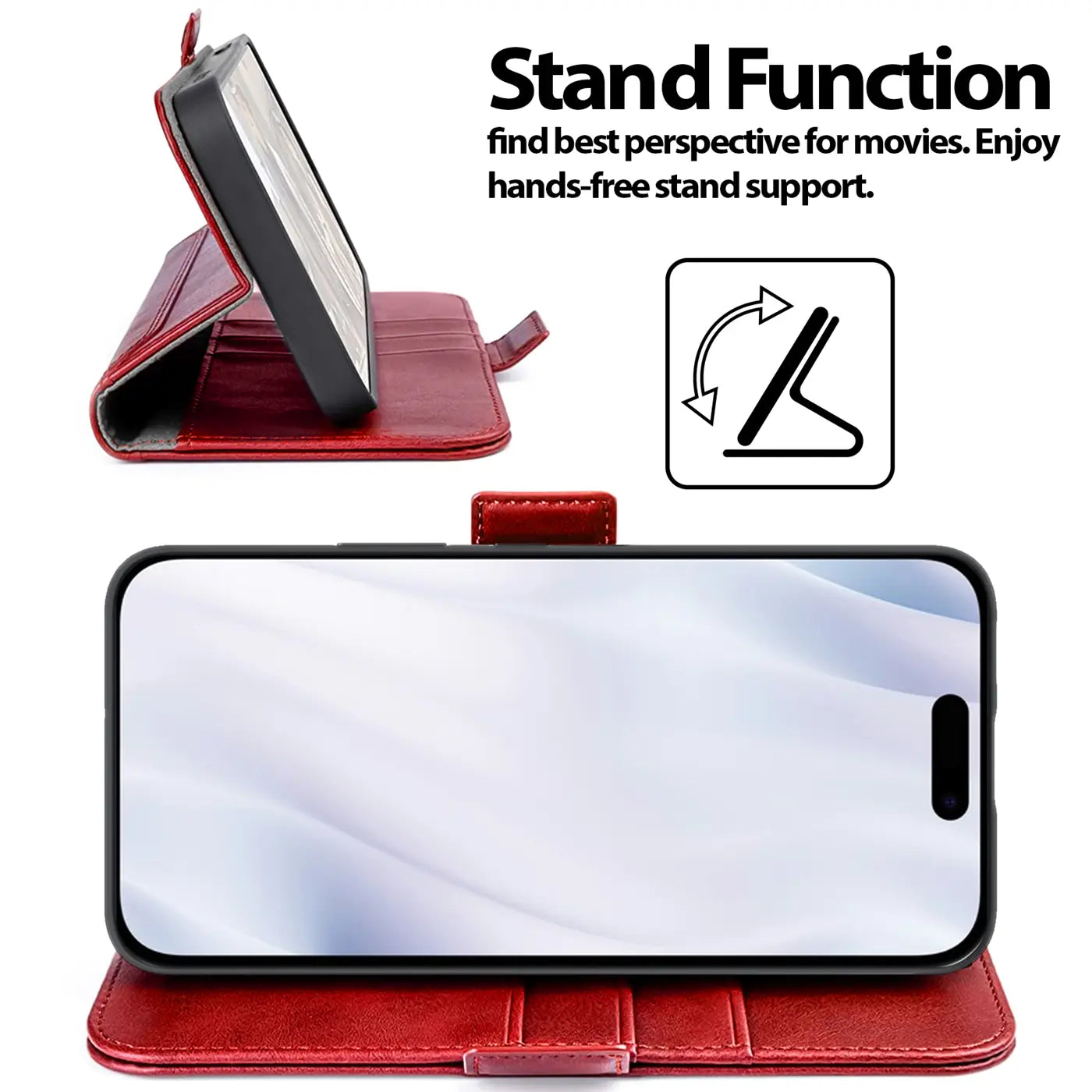Rote Leder-Klapphülle mit Ständerfunktion für iPhone 17, Seitenansicht und Frontansicht.