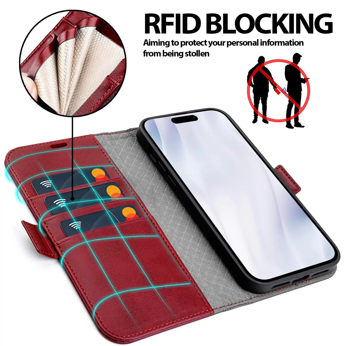 Rote Leder-Klapphülle mit Kartenfächern, zeigt iPhone 17, von oben.