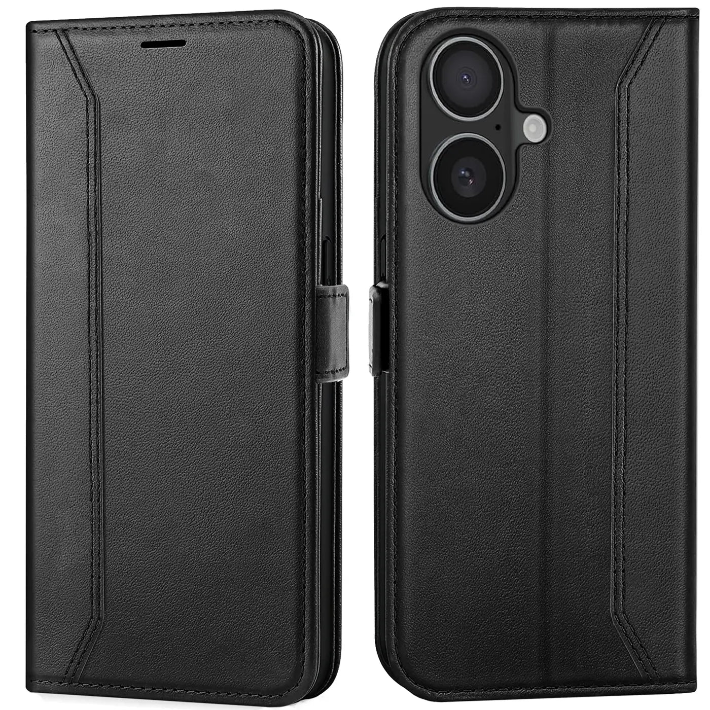 Schwarze Leder-Klapphülle, Vorder- und Rückansicht, mit Kameraöffnung für iPhone 17.