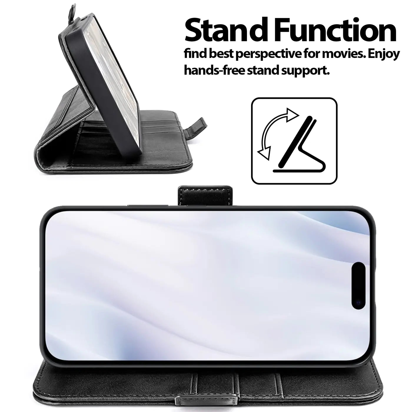 Schwarze Leder-Klapphülle mit Ständerfunktion, zeigt iPhone 17 von vorne und Seite.