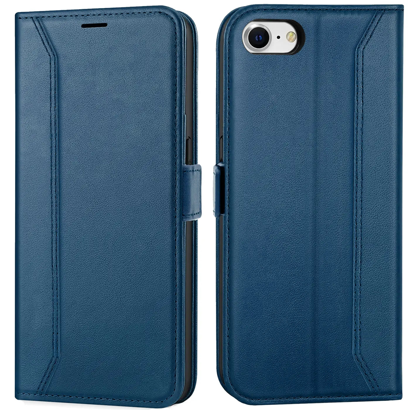 Blaue Leder-Klapphülle, Vorder- und Rückansicht, mit iPhone 7/8/SE.
