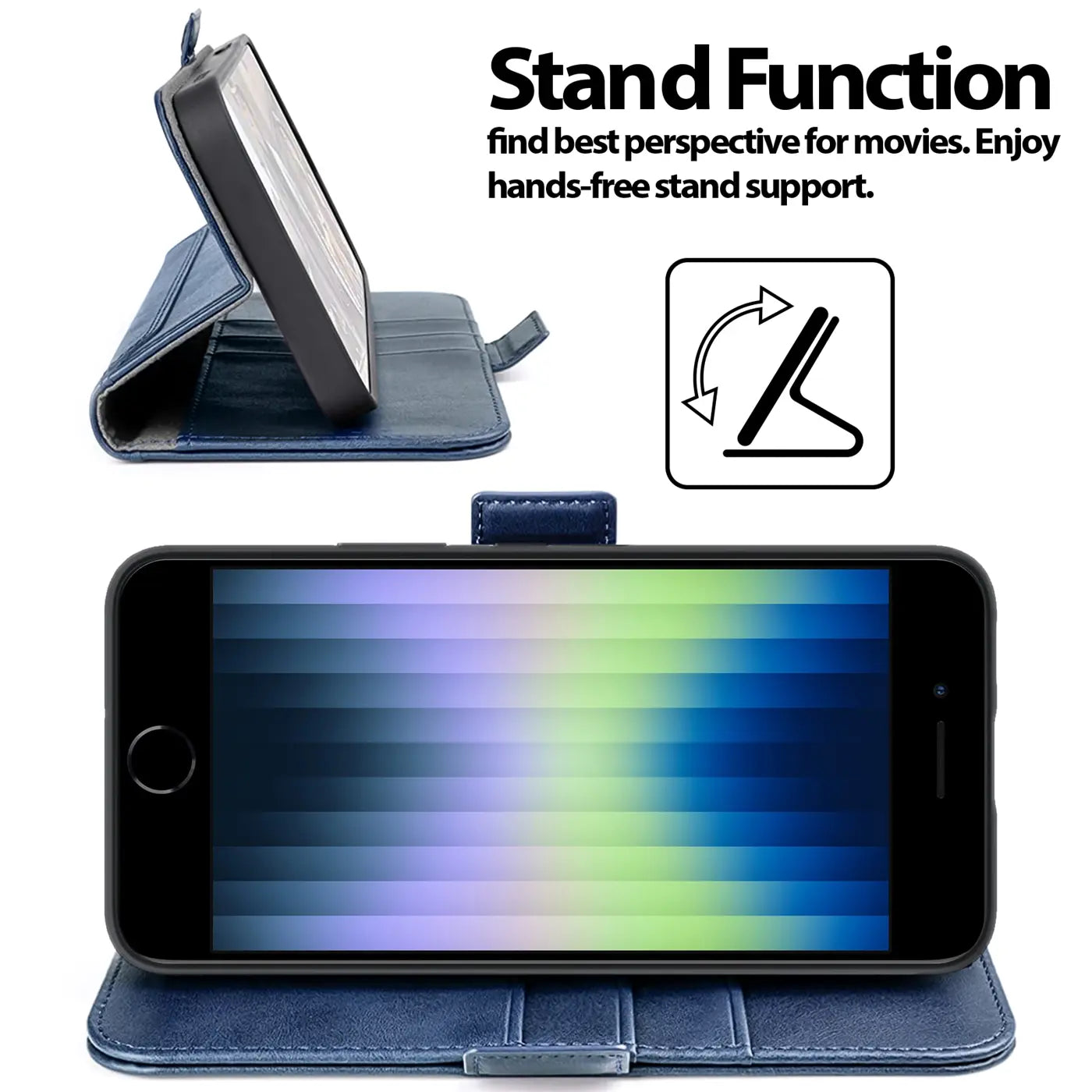Blaue Kunstleder-Klapphülle mit Ständerfunktion, zeigt iPhone 7/8/SE im Querformat.