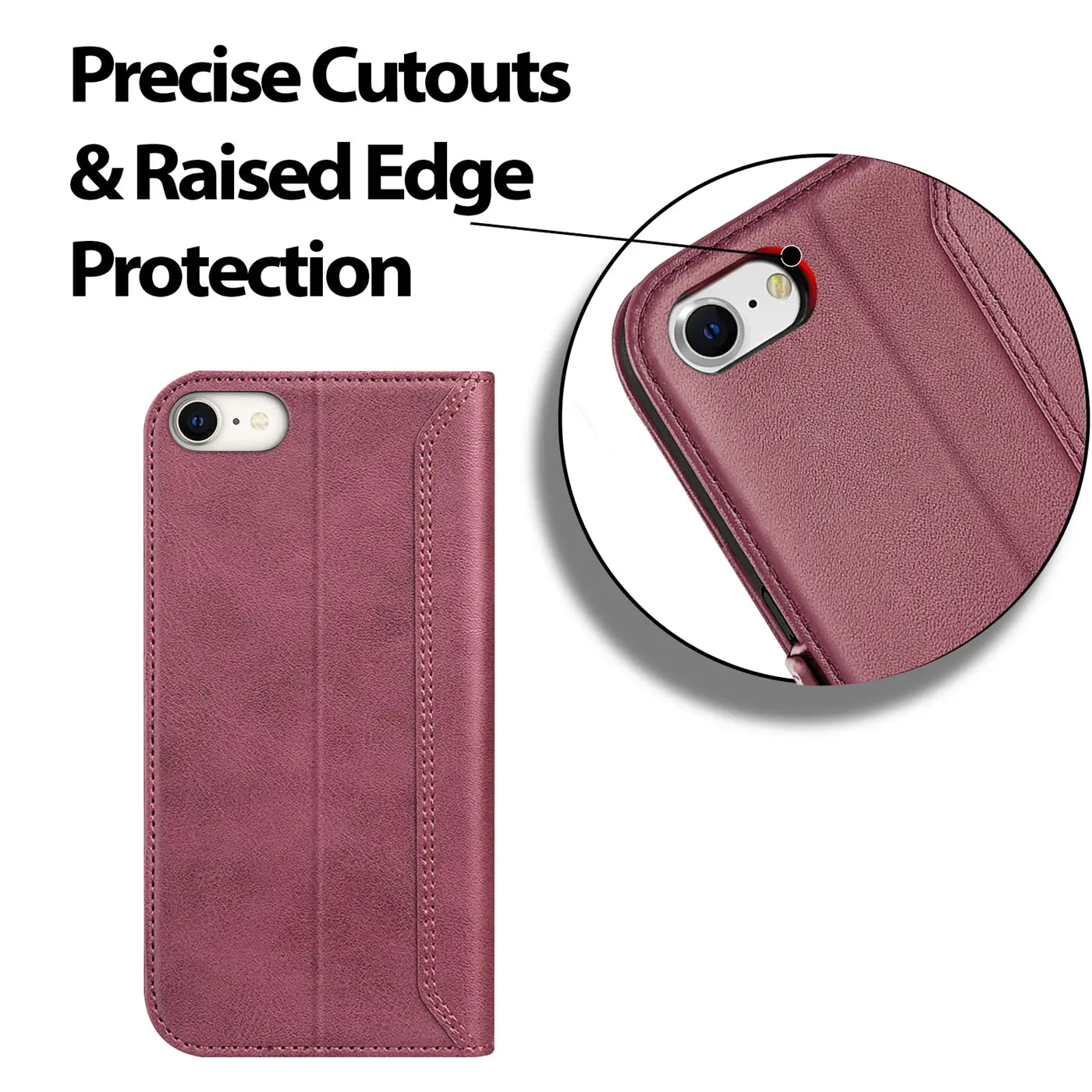 Dunkelrote Leder-Klapphülle für iPhone 7/8/SE, Nahaufnahme der Kameraaussparung.