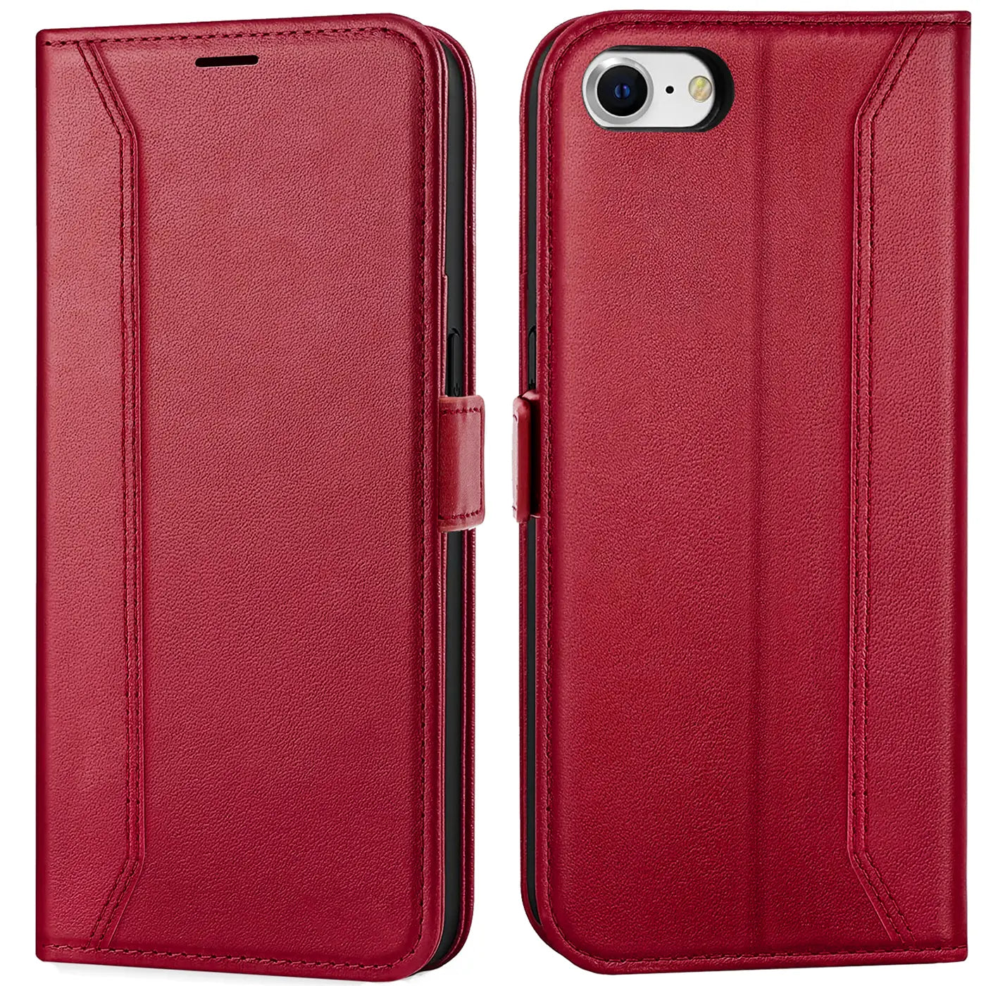 Rote Leder-Klapphülle mit RFID-Schutz, Vorder- und Rückansicht, iPhone 7/8/SE.