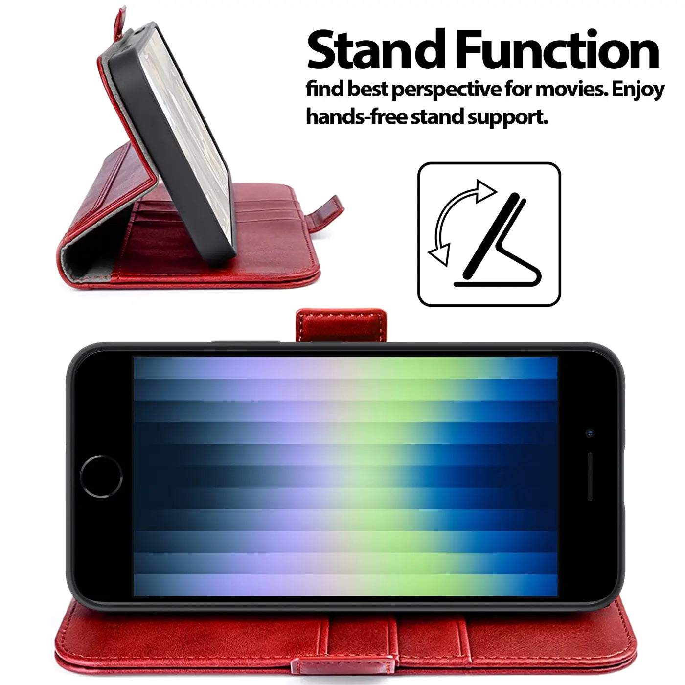 Rote Leder-Klapphülle mit RFID-Schutz, iPhone 7/8/SE 2/SE 3 im Querformat, Seitenansicht