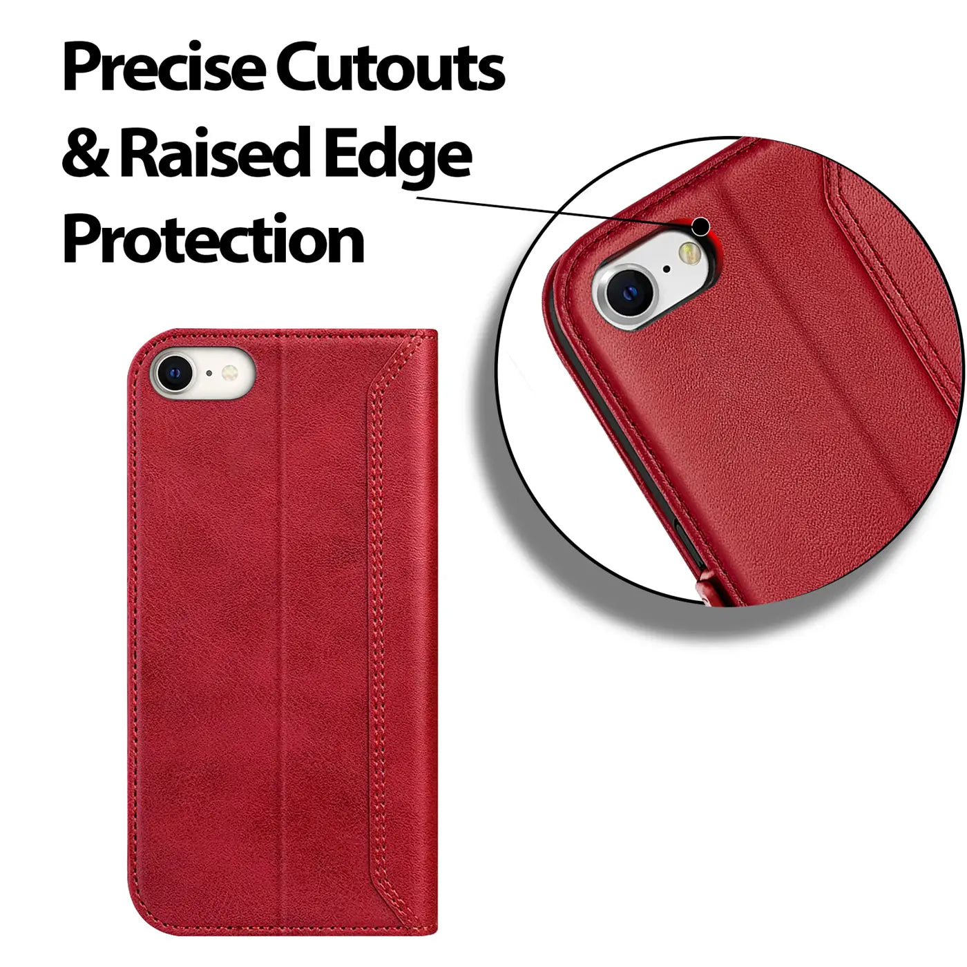 Rote Leder-Klapphülle mit Nahaufnahme der Kameraaussparung eines iPhones.