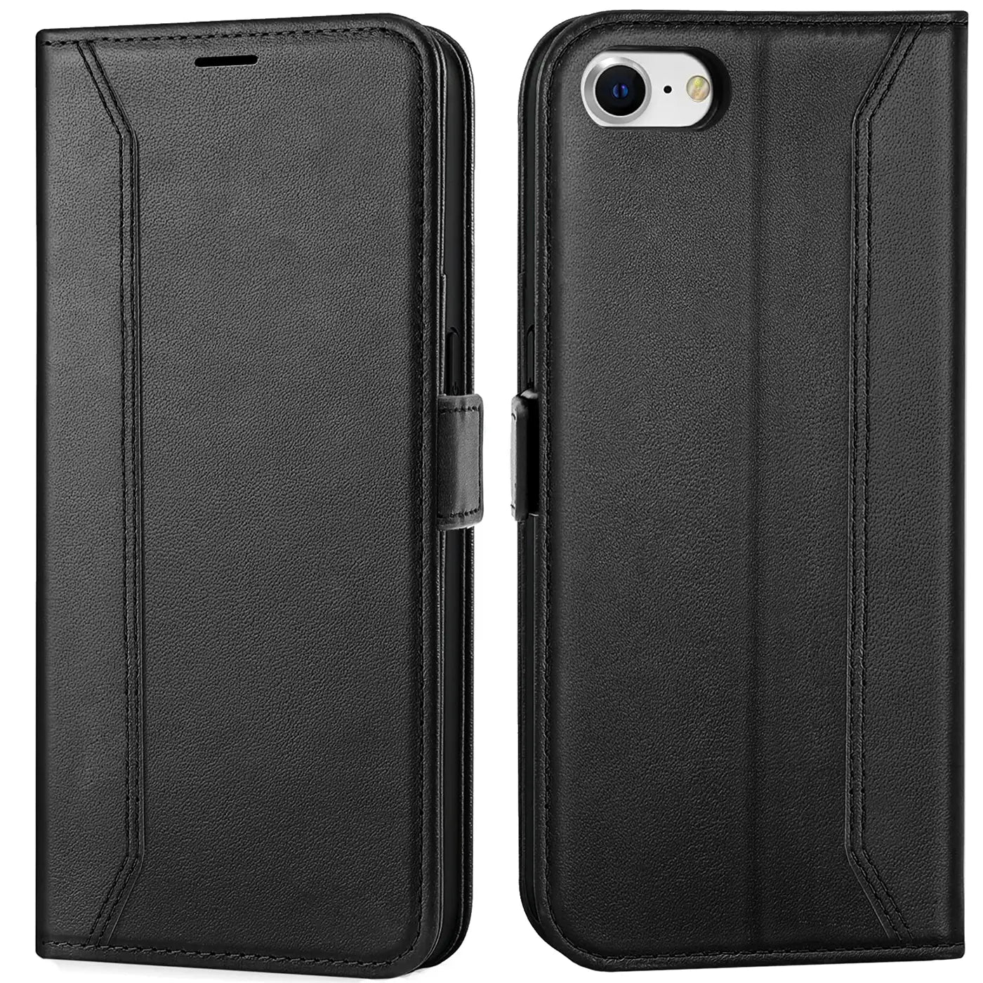 Schwarze Leder-Klapphülle, Vorder- und Rückansicht, mit iPhone 7/8/SE 2/SE 3.
