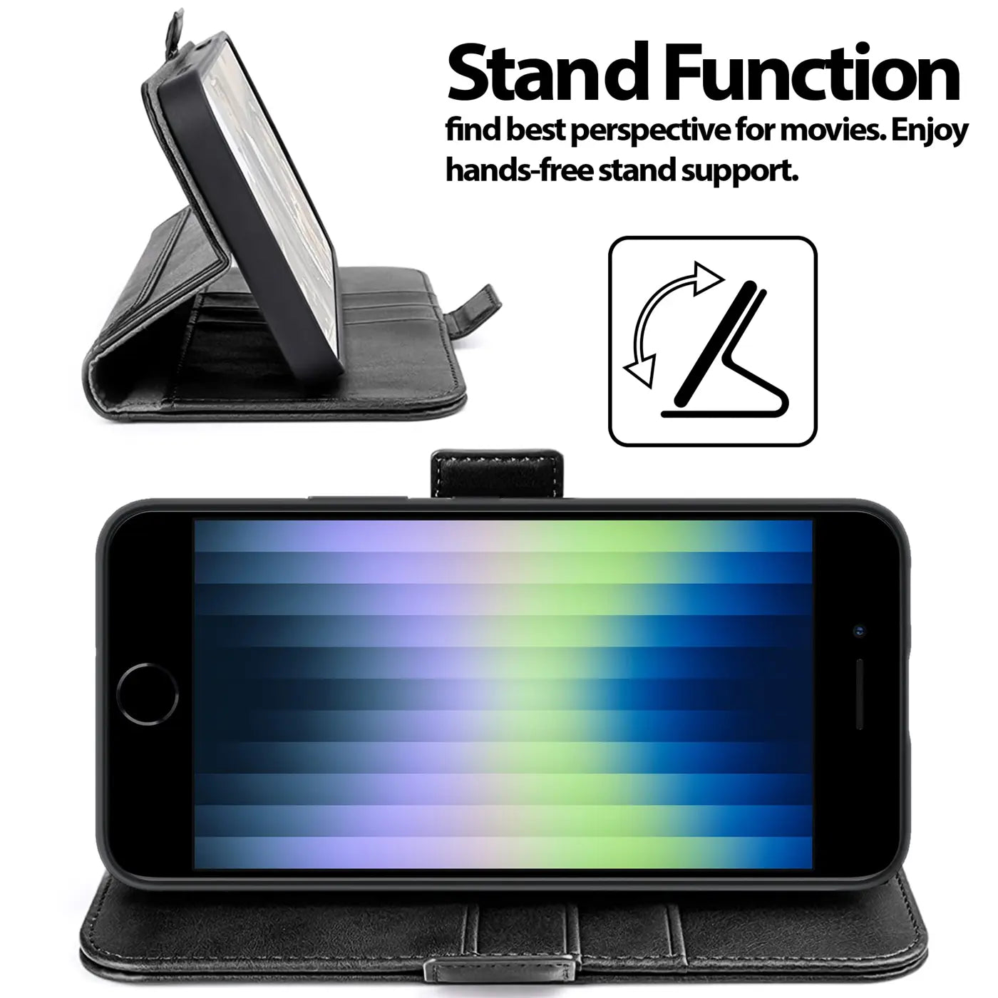 Schwarze Leder-Klapphülle für iPhone 7/8/SE, seitliche Ansicht und Frontansicht.