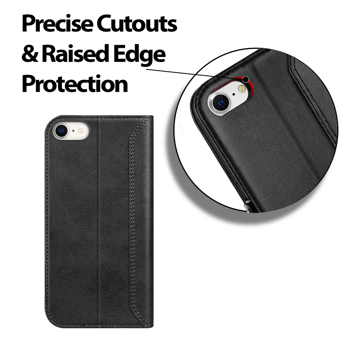 Schwarze Klapphülle aus Leder für iPhone 7/8/SE, von vorne, Nahaufnahme der Kamera.