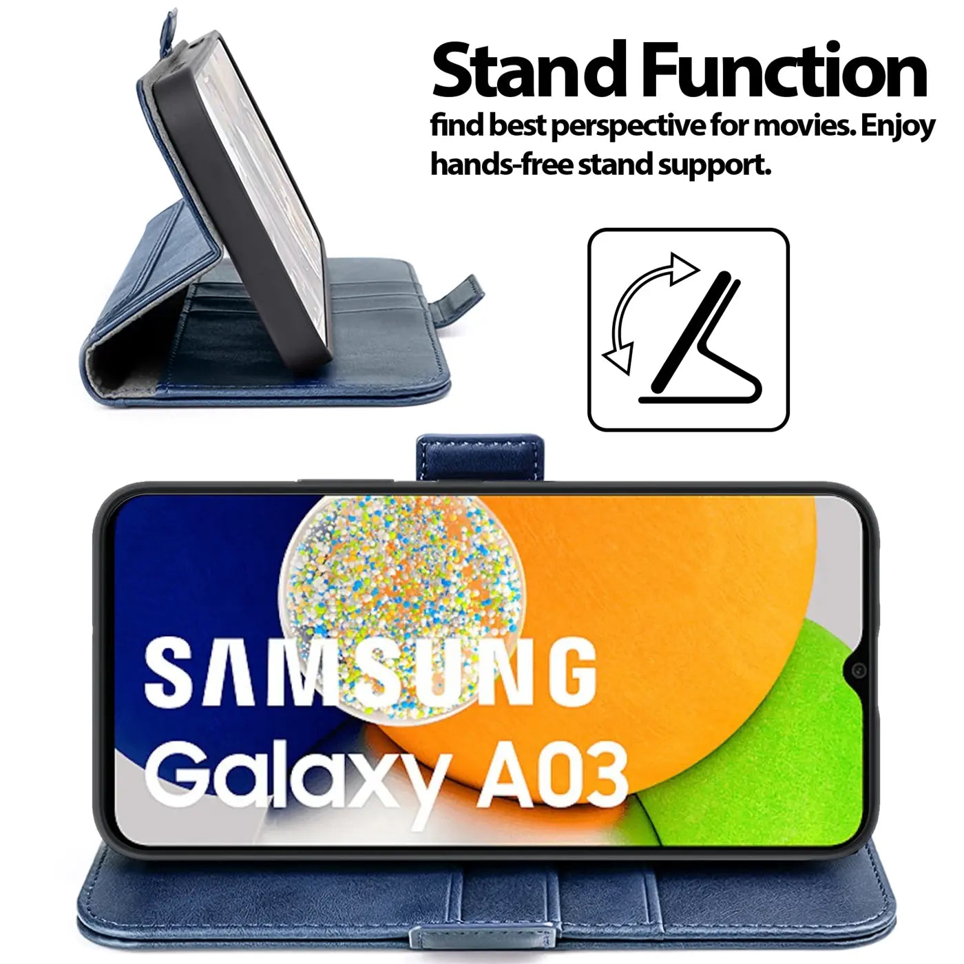 Dunkelblaue Kunstleder-Klapphülle, seitliche Ansicht, mit Samsung Galaxy A03