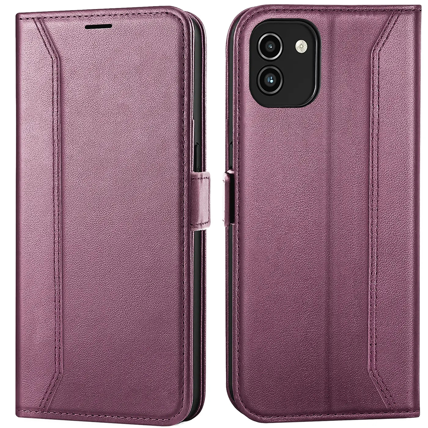 Lila Leder-Klapphülle, Vorder- und Rückansicht, mit Samsung Galaxy A03
