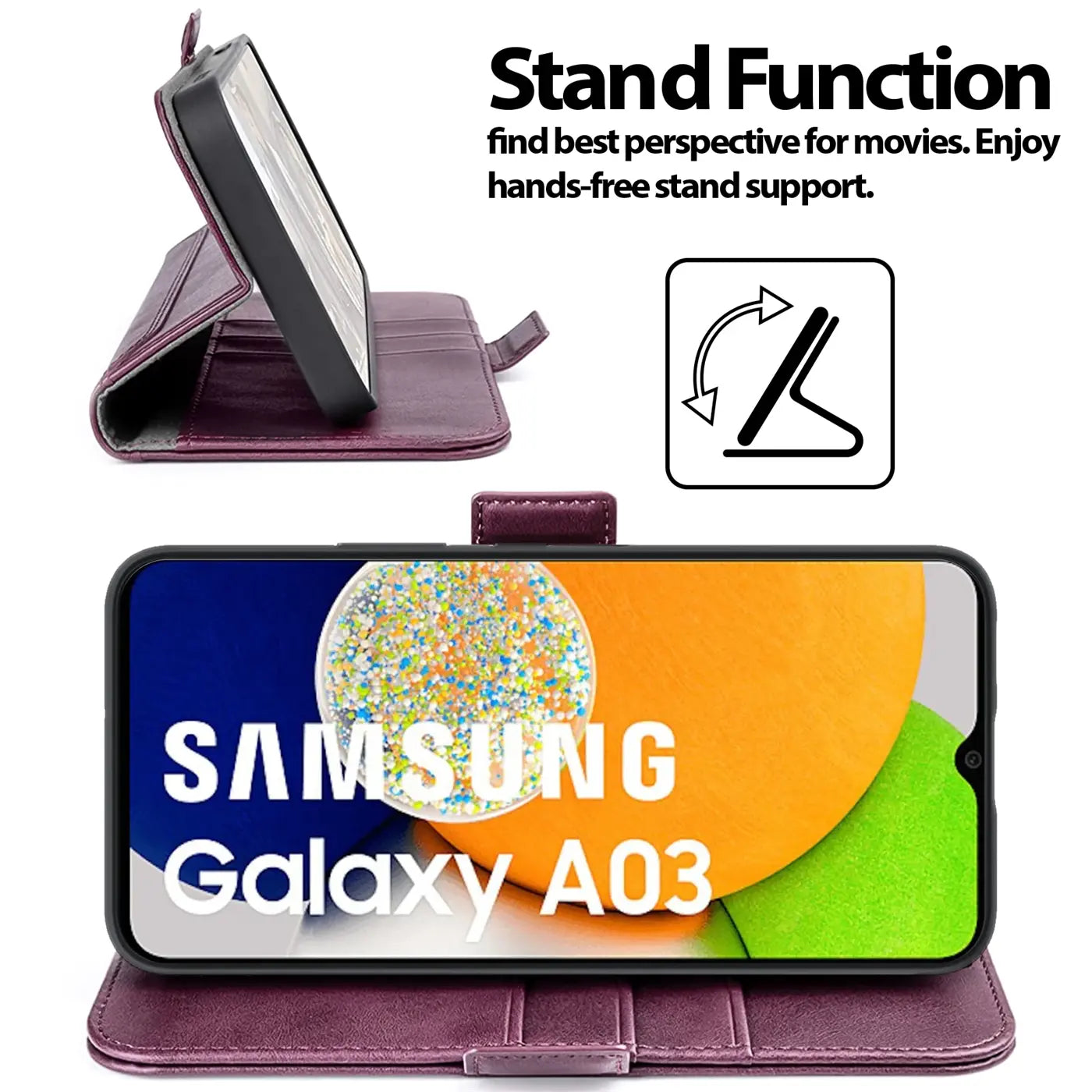 Dunkelrote Leder-Klapphülle mit integriertem Ständer für Samsung Galaxy A03.