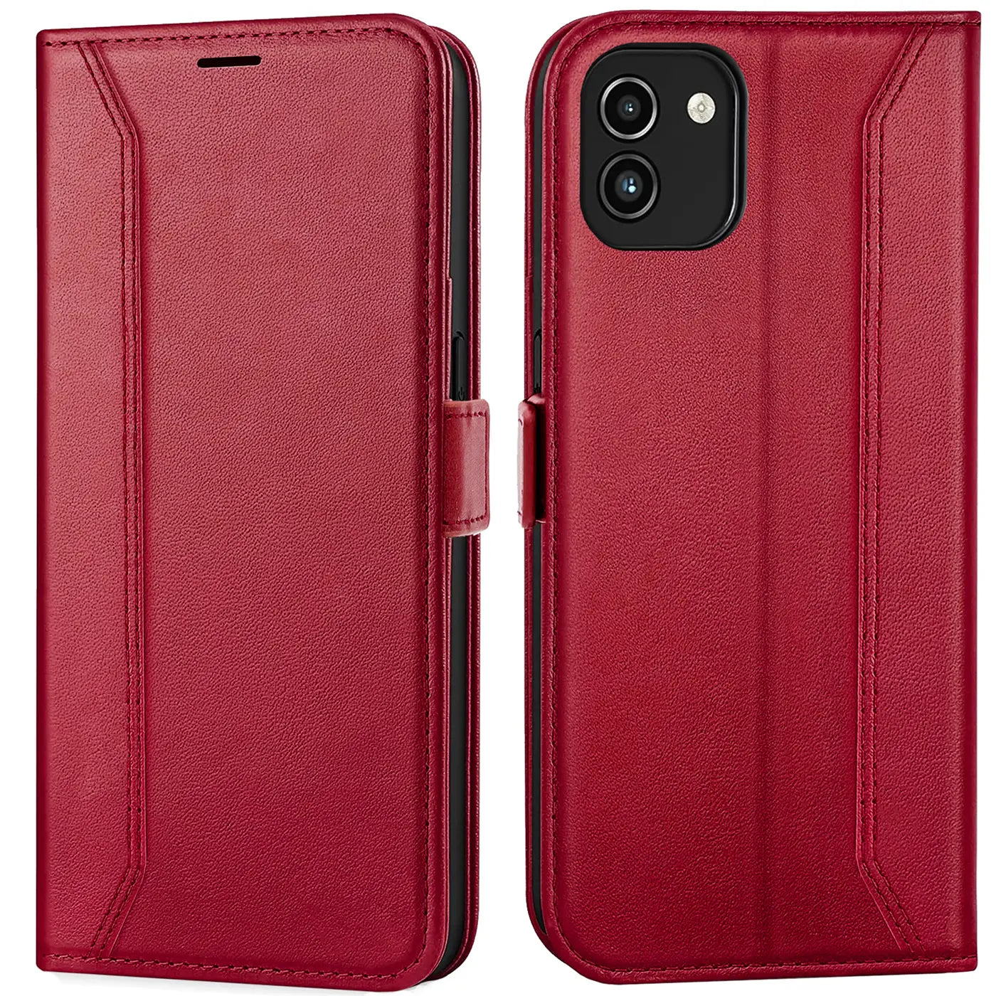 Rote Leder-Klapphülle, Vorder- und Rückseite, mit Samsung Galaxy A03