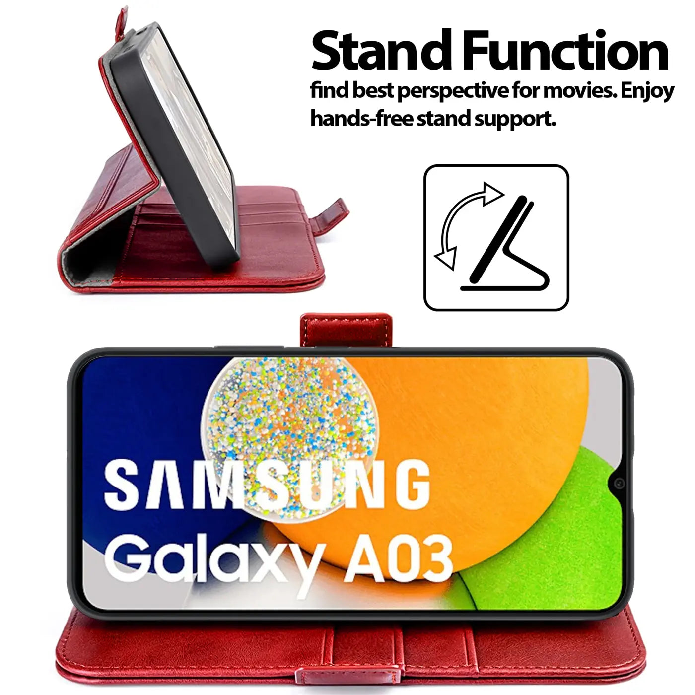 Rote Leder-Klapphülle mit Samsung Galaxy A03, Seitenansicht und Frontansicht.