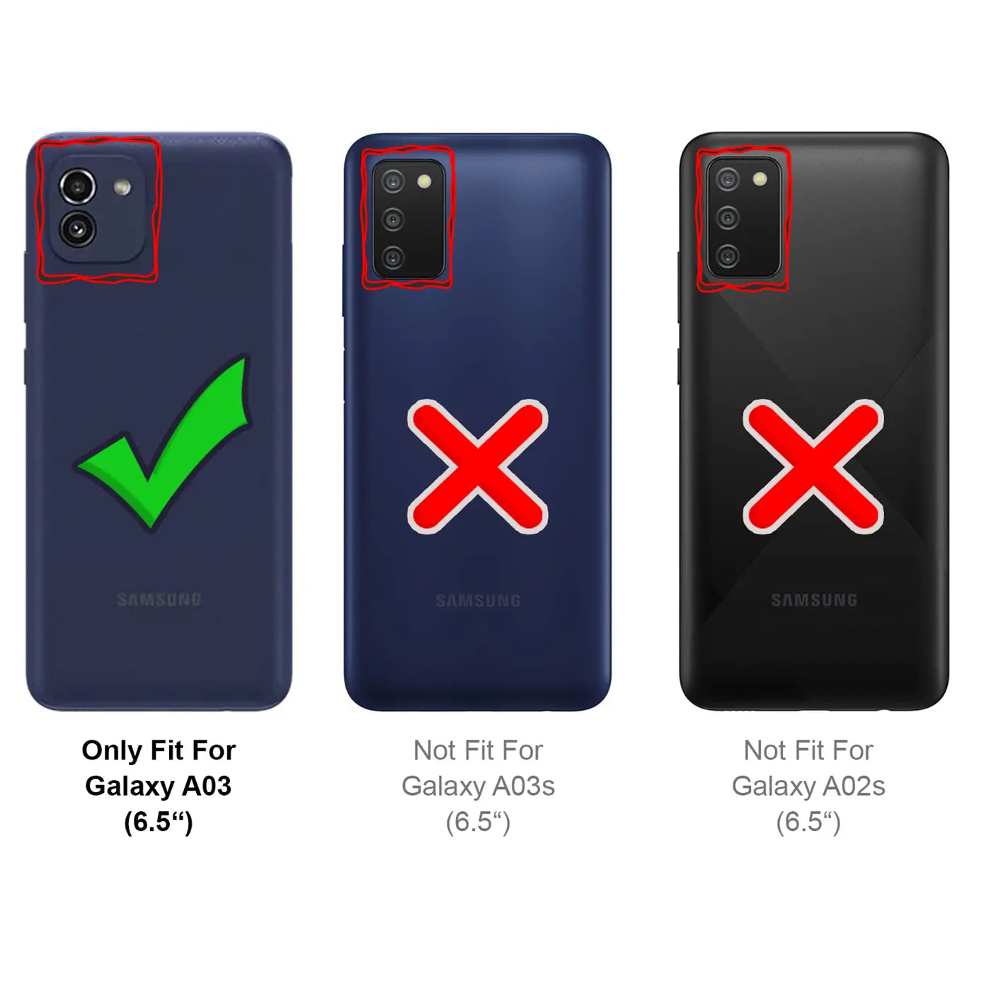 Drei Samsung Handys, Rückansicht. Blaues Handy mit Haken, zwei nicht passende Handys (blau, schwarz).