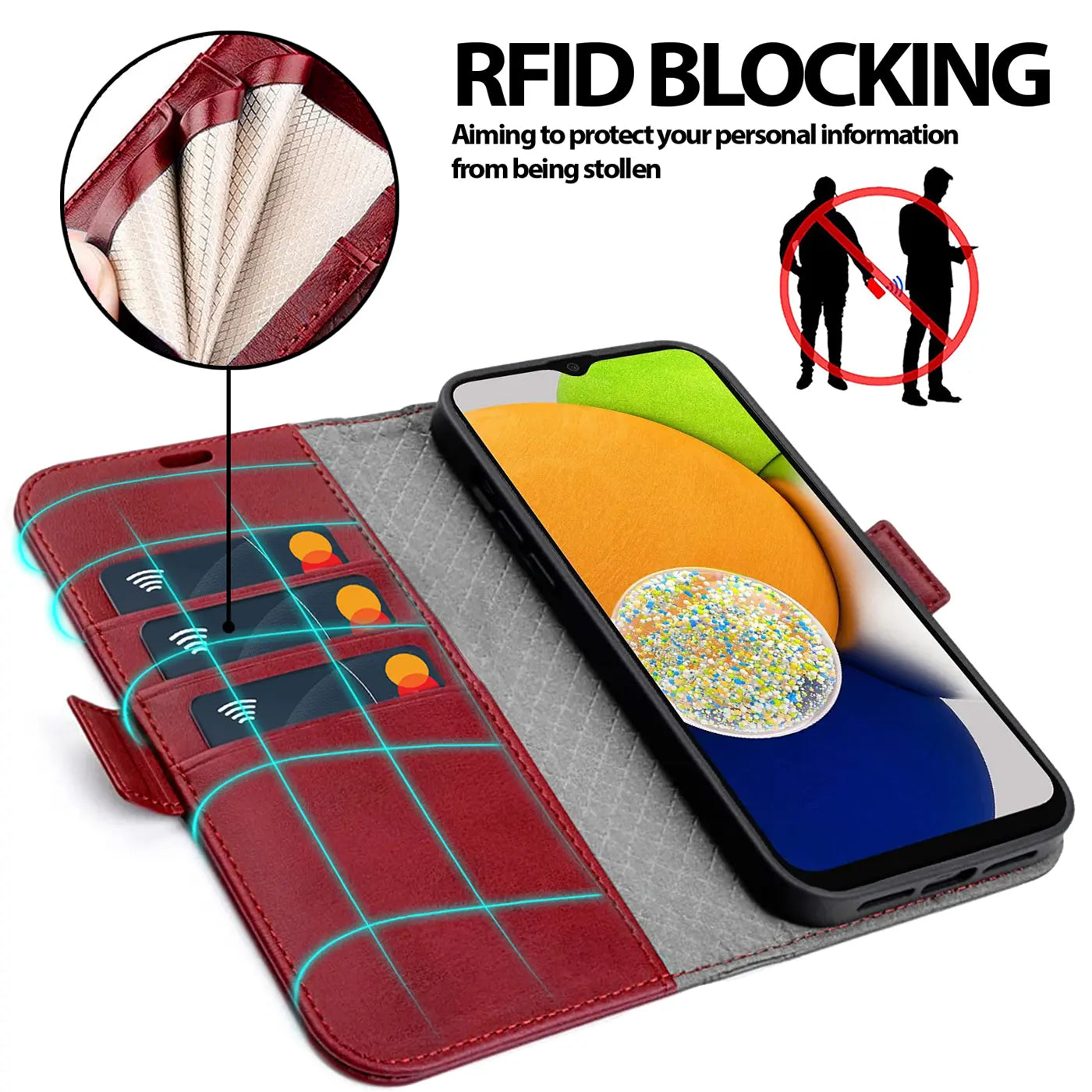 Rote Leder-Klapphülle mit Kartenfächern und Samsung Galaxy A03, von oben schräg.