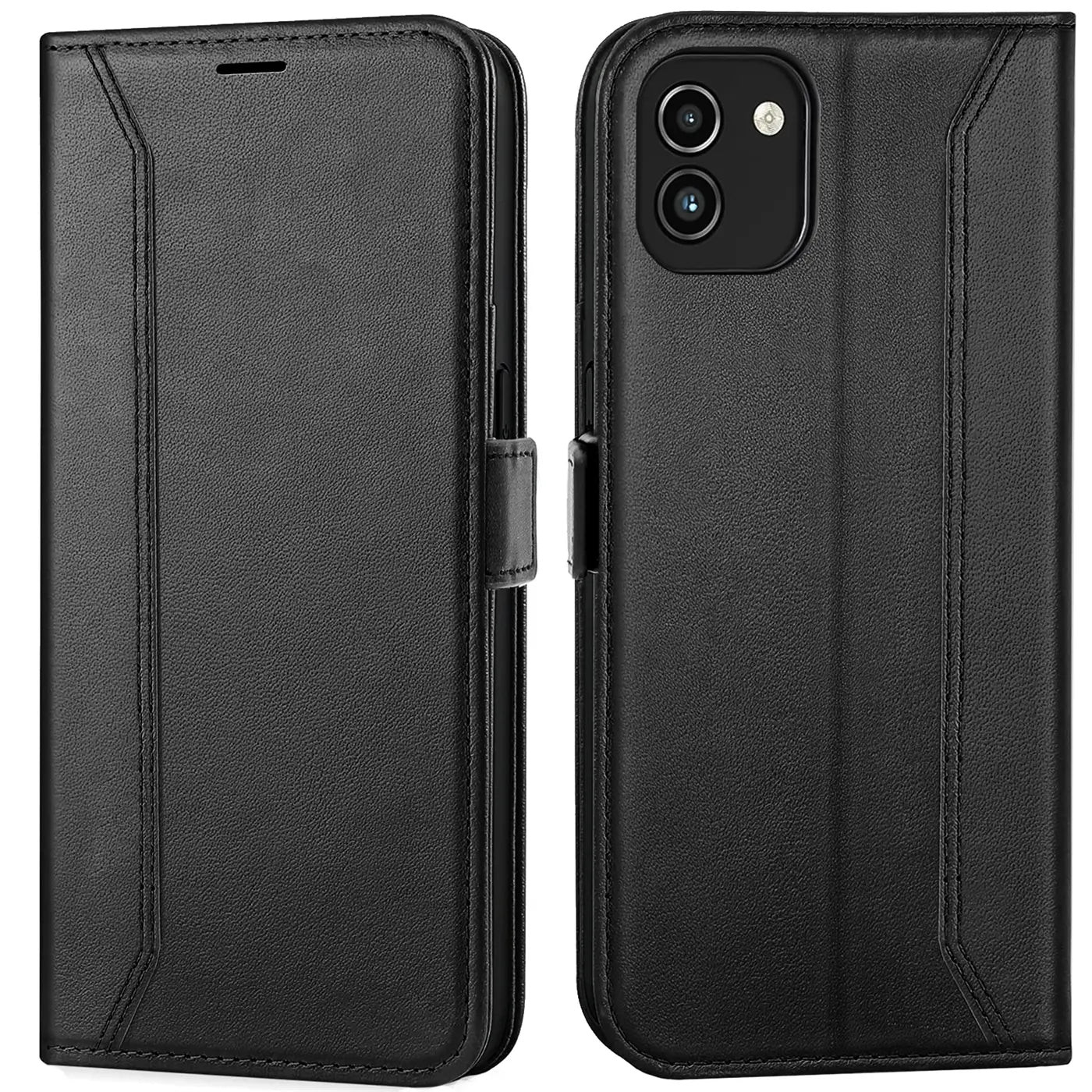 Schwarze Leder-Klapphülle mit RFID-Schutz, Vorder- und Rückansicht, für Samsung Galaxy A03