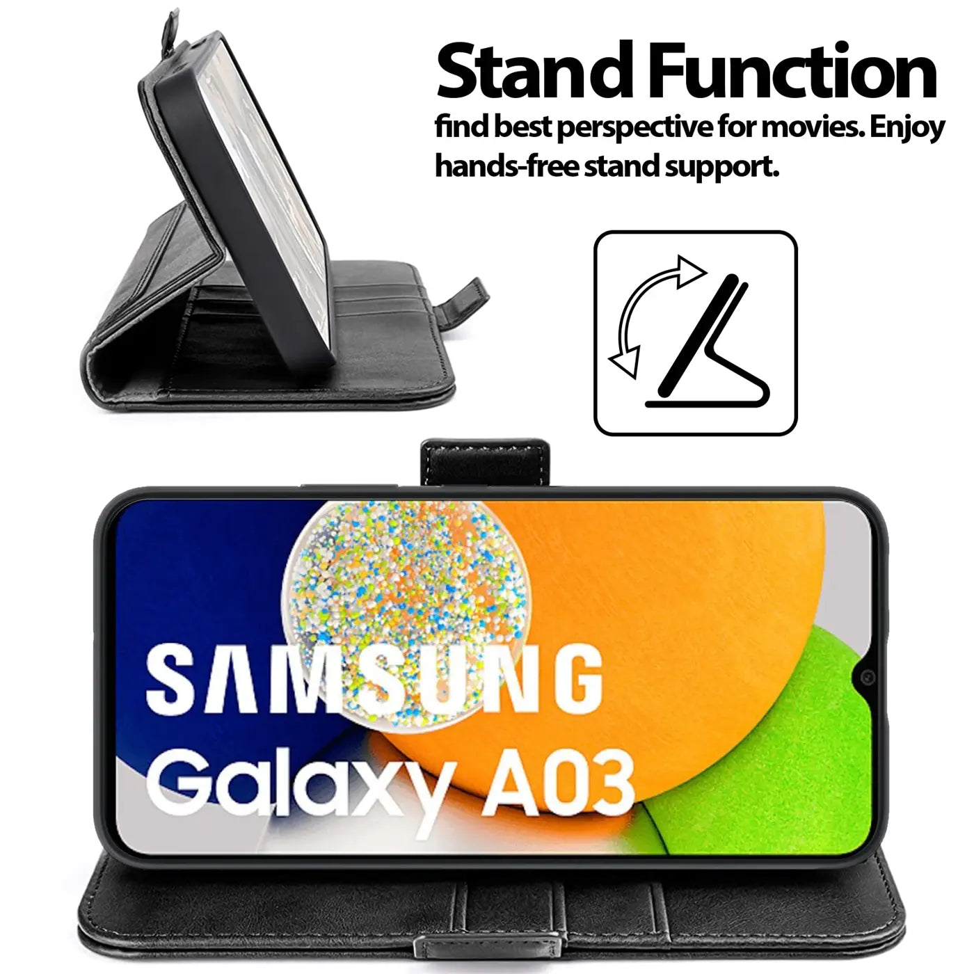 Schwarze Kunstleder-Klapphülle mit RFID-Schutz für Samsung Galaxy A03, von vorne und seitlich gezeigt.