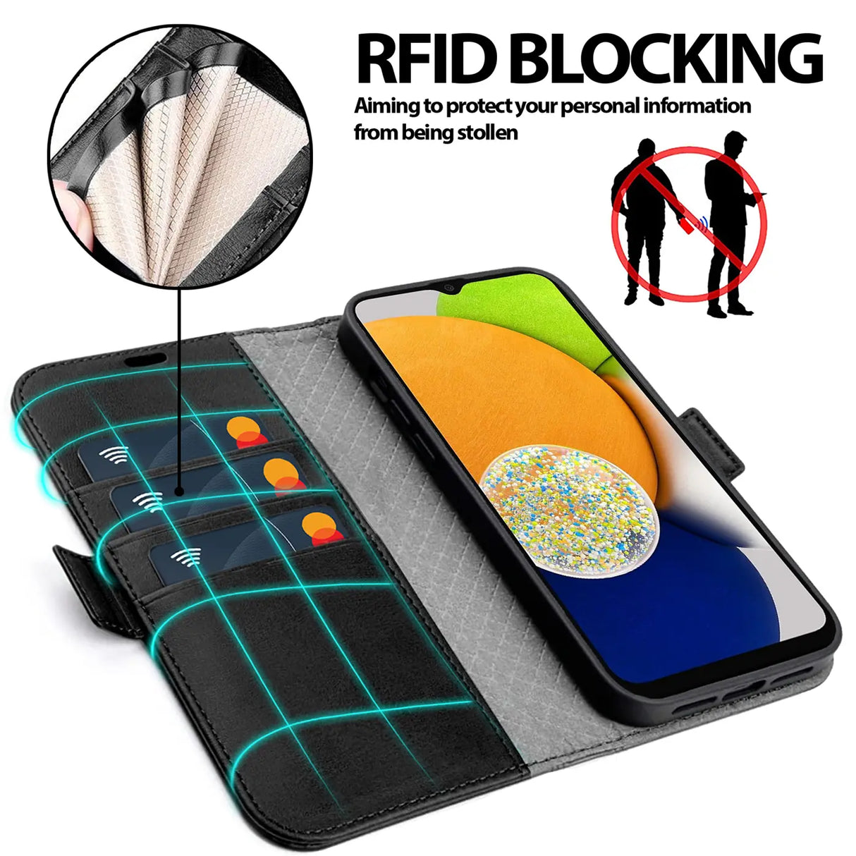 Samsung Galaxy A03 Klapphülle im Lederlook mit RFID Block in Schwarz
