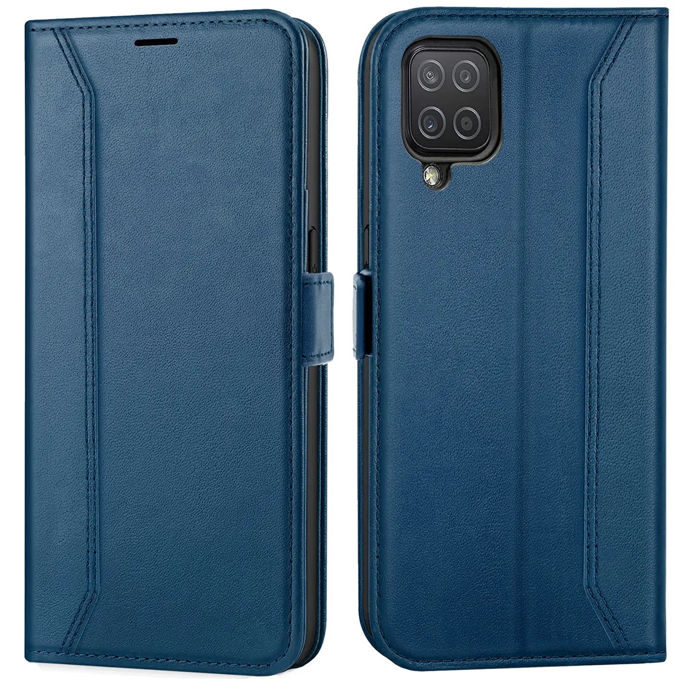 Blaue Leder-Klapphülle, Vorder- und Rückansicht, für Samsung Galaxy A12/M12
