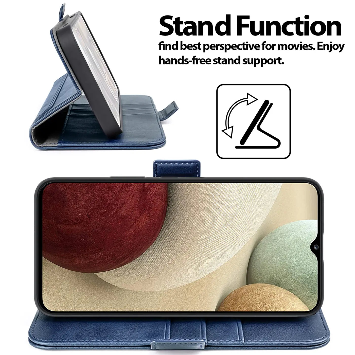 Blaue Kunstleder-Klapphülle mit Standfunktion für Samsung Galaxy A12/M12.