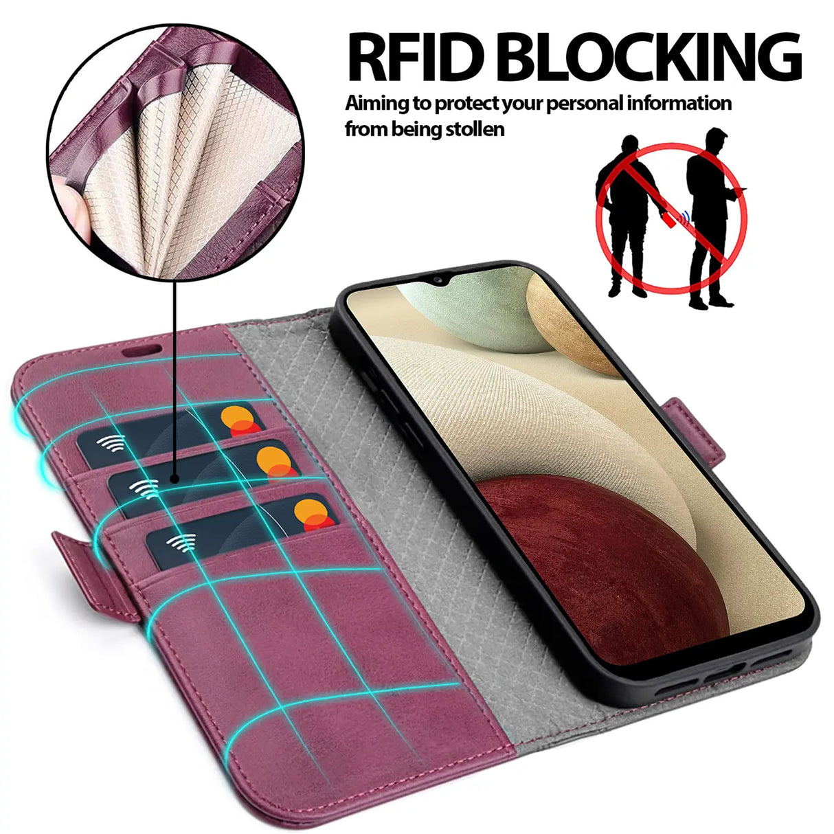 Samsung Galaxy A12 / M12 Klapphülle im Lederlook mit RFID Block in Lila