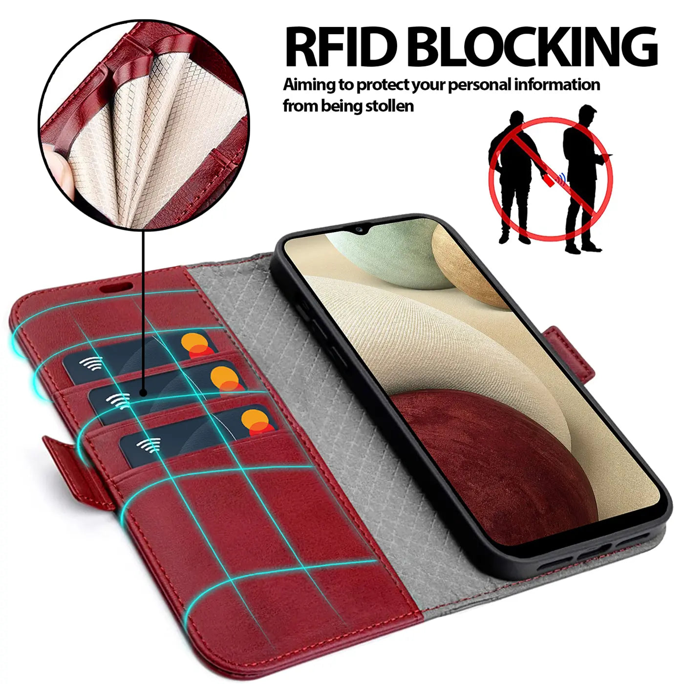 Rote Leder-Klapphülle mit Kartenfächern und Samsung Galaxy A12/M12, von oben.