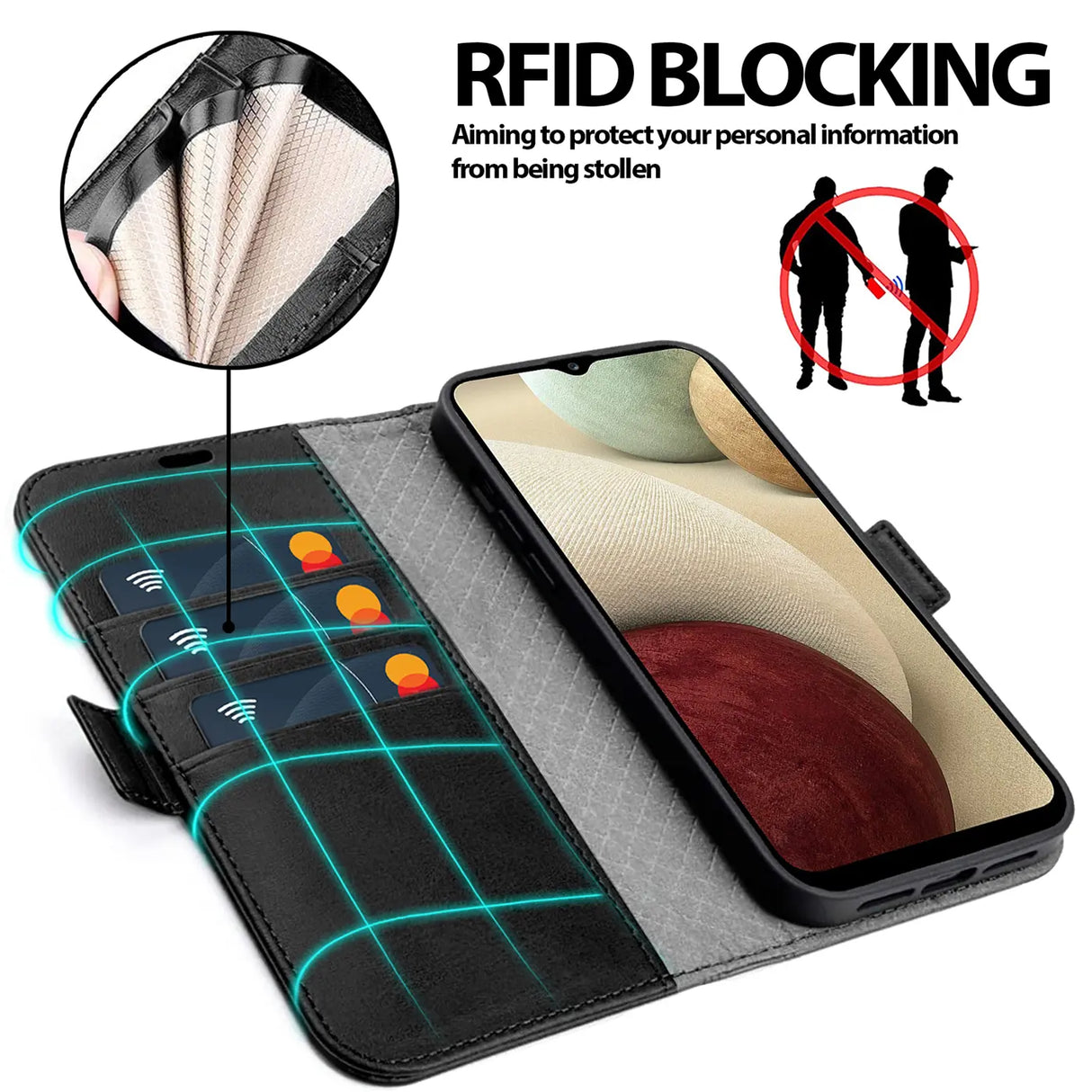 Samsung Galaxy A12 / M12 Klapphülle im Lederlook mit RFID Block in Schwarz