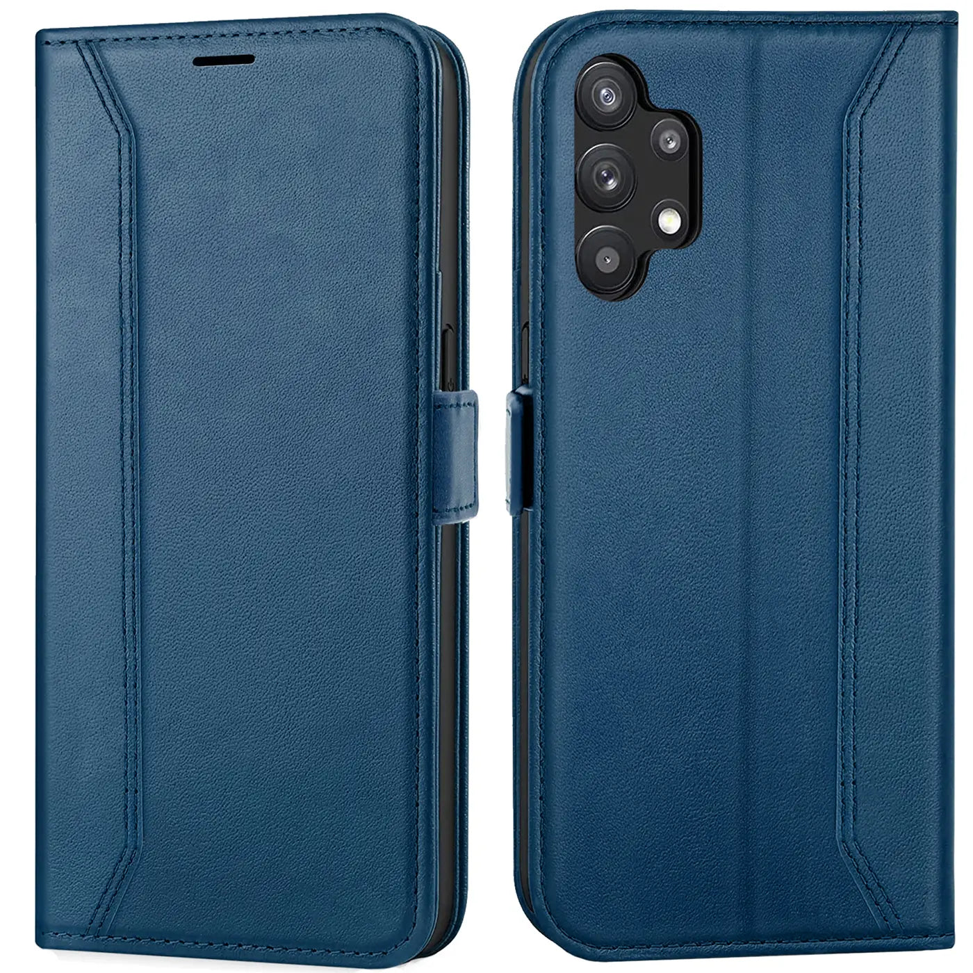 Blaue Leder-Klapphülle, Vorder- und Rückansicht, für Samsung Galaxy A13 4G.