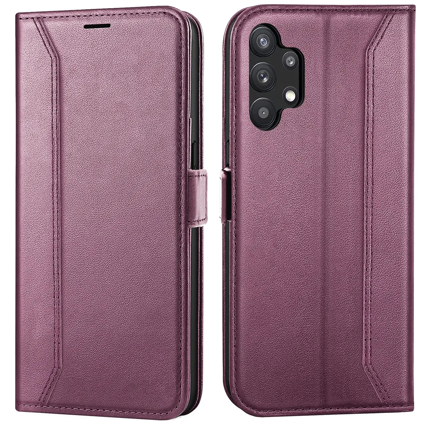 Lila Leder-Klapphülle, Vorder- und Rückansicht, zeigt Samsung Galaxy A13 4G.
