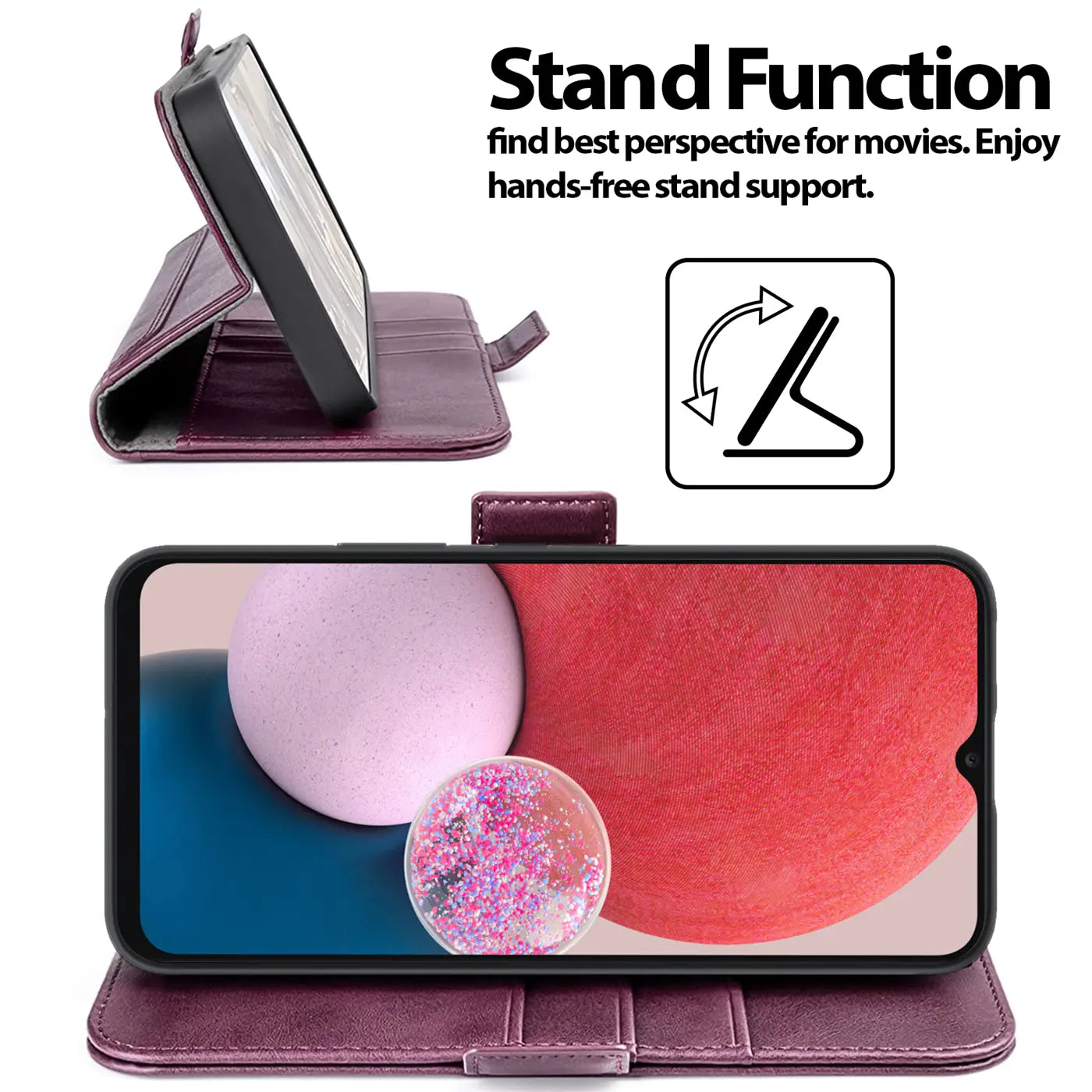 Dunkelrote Leder-Klapphülle mit Standfunktion für Samsung Galaxy A13 4G, von vorne und Seite