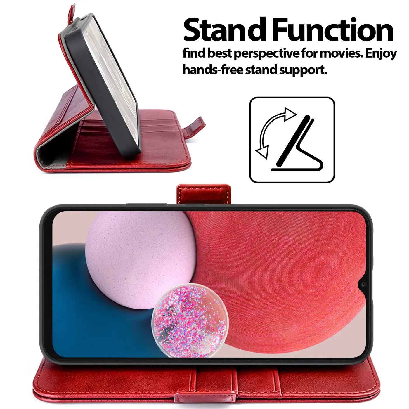 Rote Leder-Klapphülle mit Standfunktion für Samsung Galaxy A13 4G, Seitenansicht und Frontansicht.