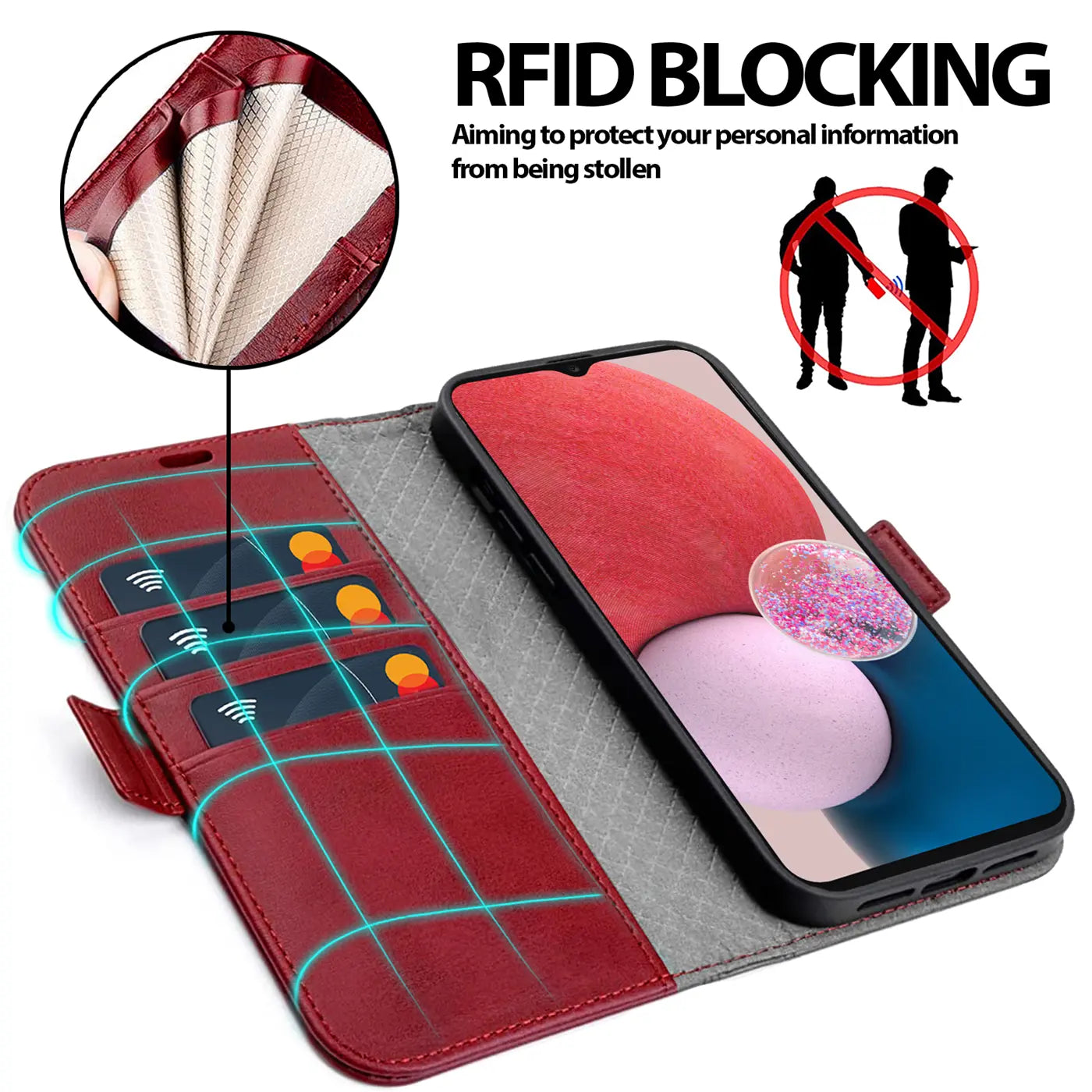 Rote Leder-Klapphülle mit Kartenfächern und Samsung Galaxy A13 4G, von oben links
