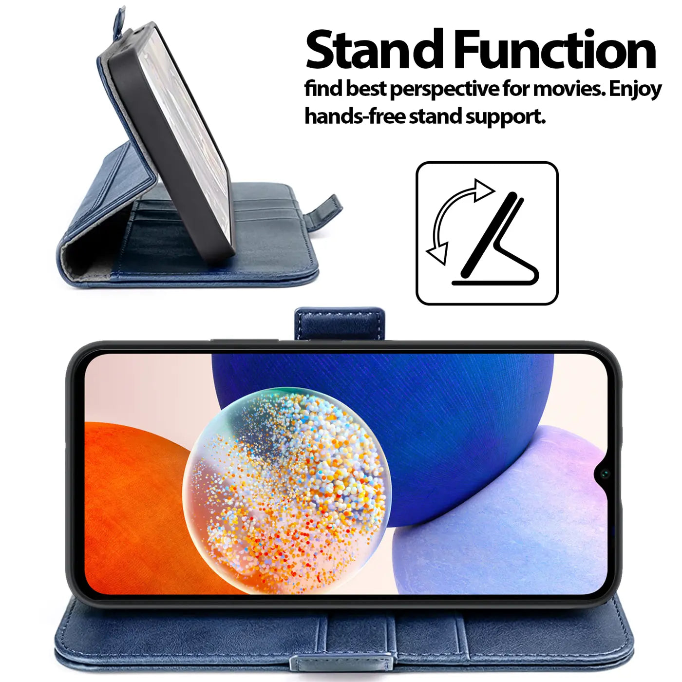 Blaue Kunstleder-Klapphülle mit integrierter Standfunktion, zeigt Samsung Galaxy A13 5G/A04s.