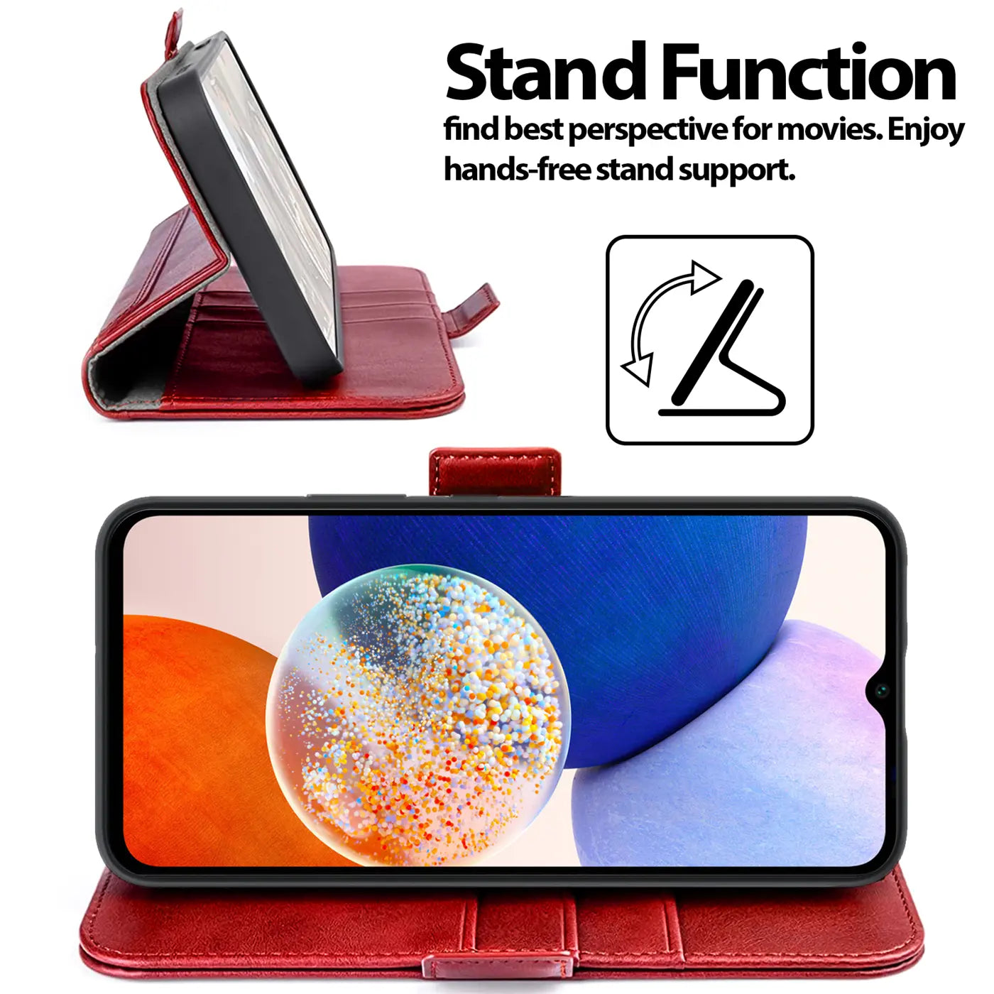 Rote Leder-Klapphülle mit Ständerfunktion für Samsung Galaxy A13 5G/A04s, von vorne/oben.