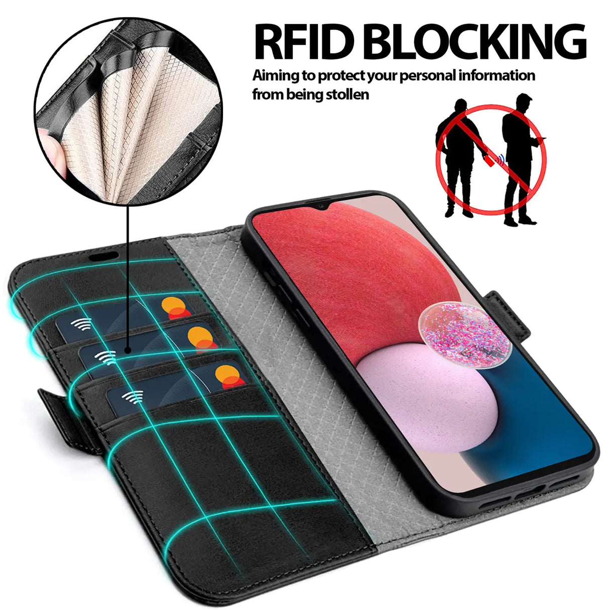 Samsung Galaxy A14 4G / 5G Klapphülle im Lederlook mit RFID Block in Schwarz