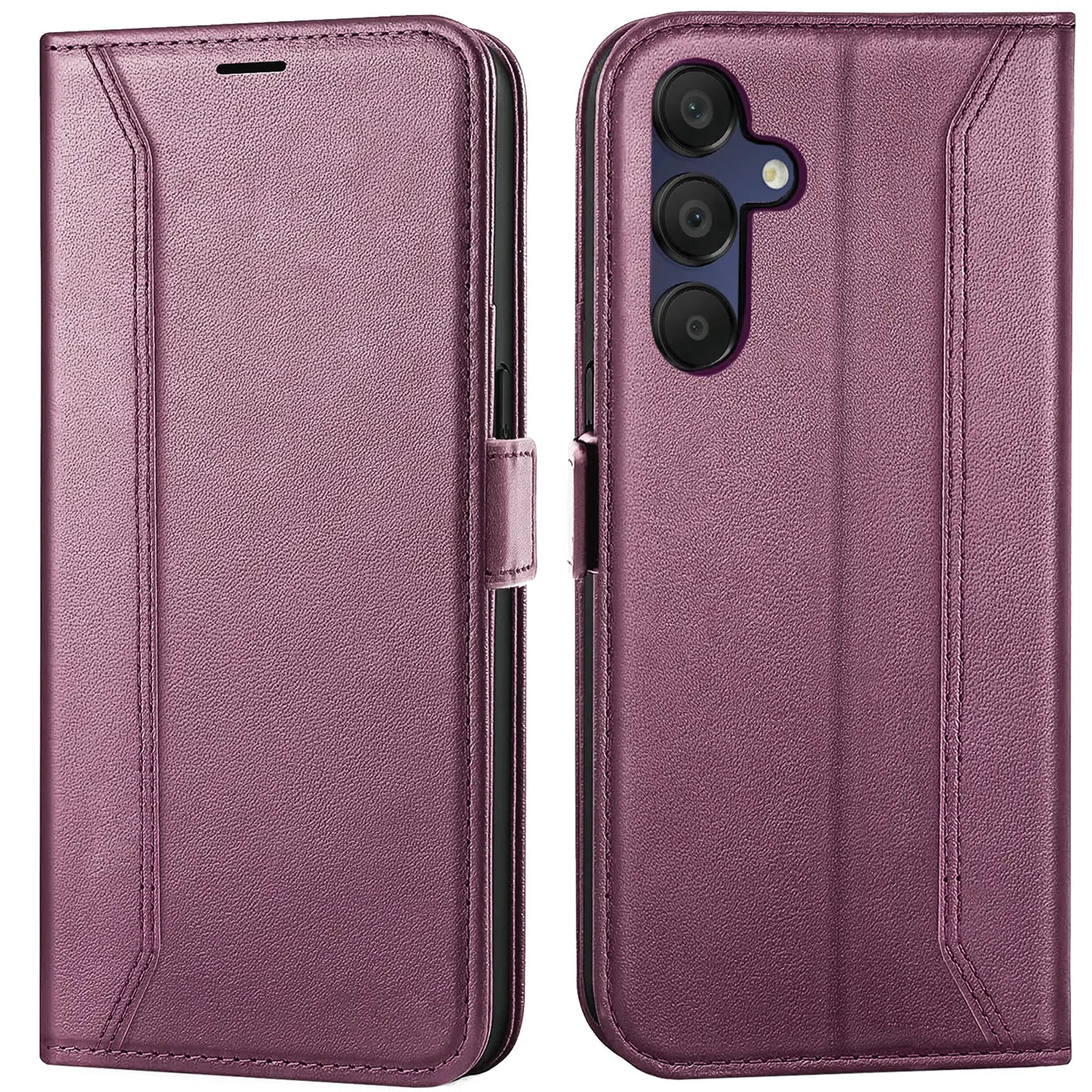 Lila Leder-Klapphülle mit RFID-Schutz, Vorder- und Rückansicht, Samsung Galaxy A15 4G/5G.