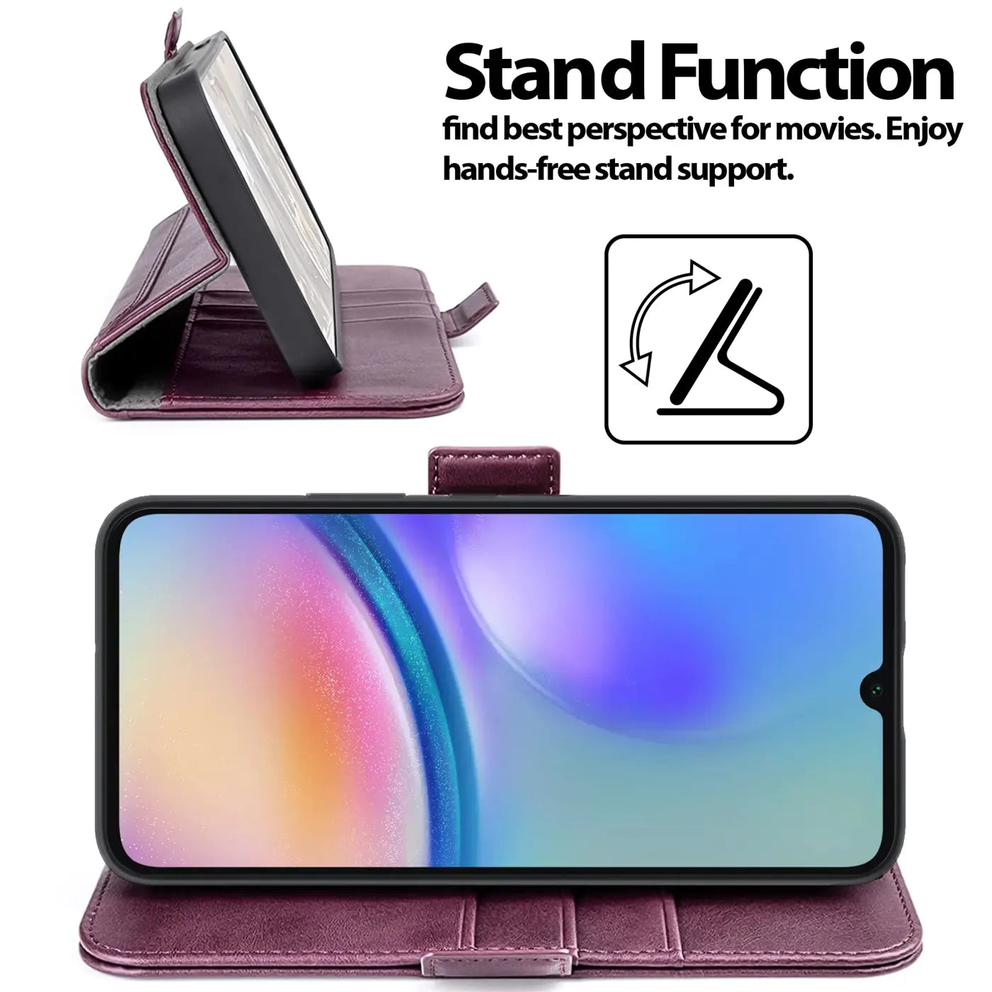 Dunkelrote Leder-Klapphülle im Seitenprofil und von vorne mit Samsung Galaxy A15.