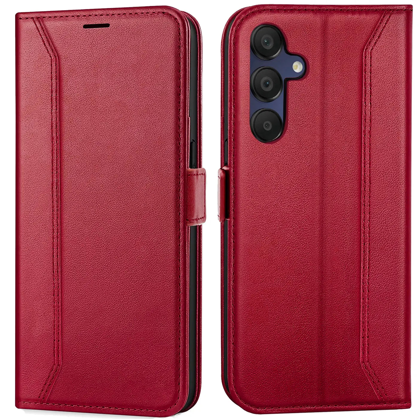 Rote Kunstleder-Klapphülle mit RFID-Schutz, Vorder- und Rückansicht, Samsung Galaxy A15 4G/5G.